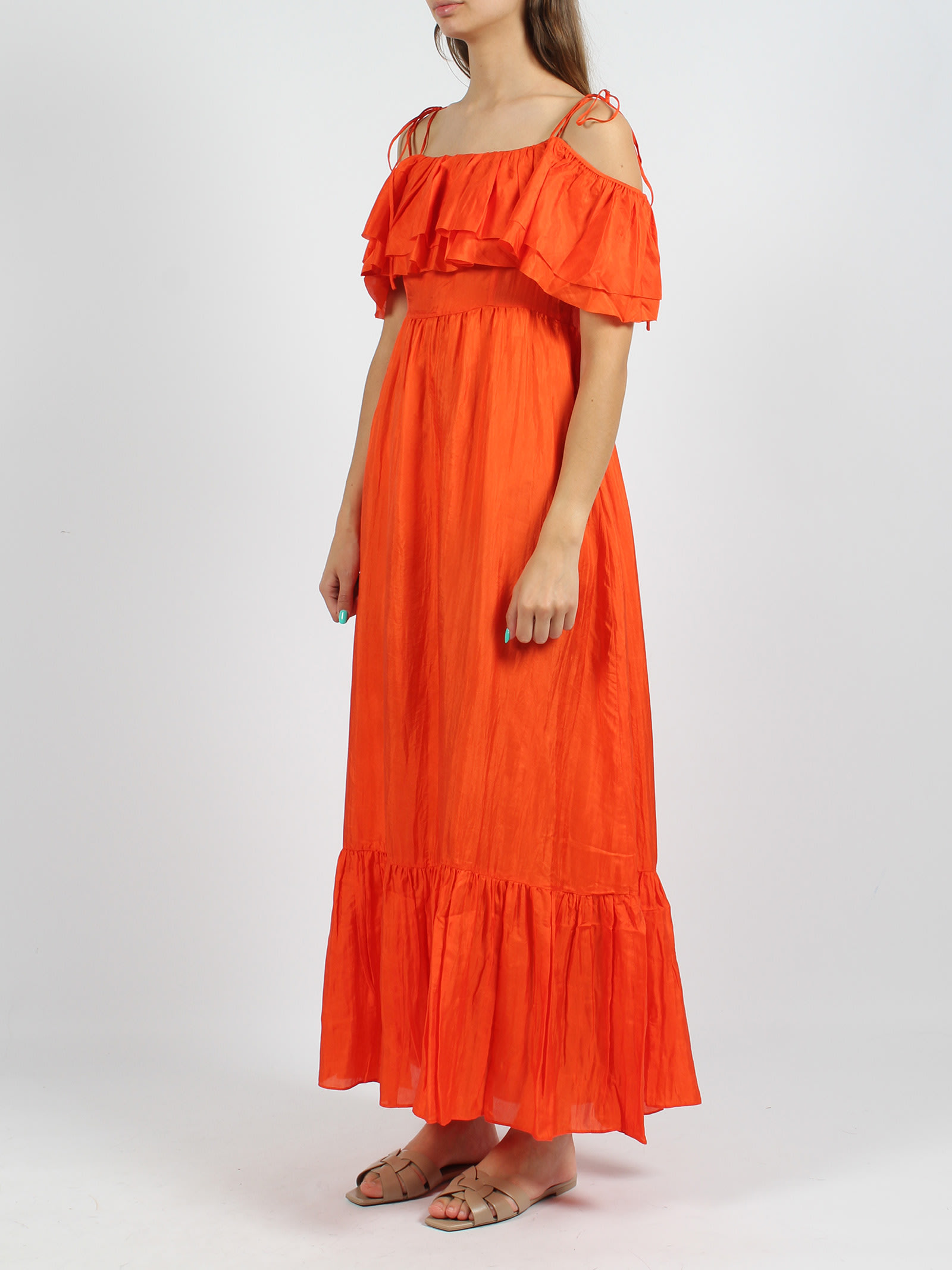 Shop The Rose Ibiza Ruffled Silk Long Dress In Yellow & Orange