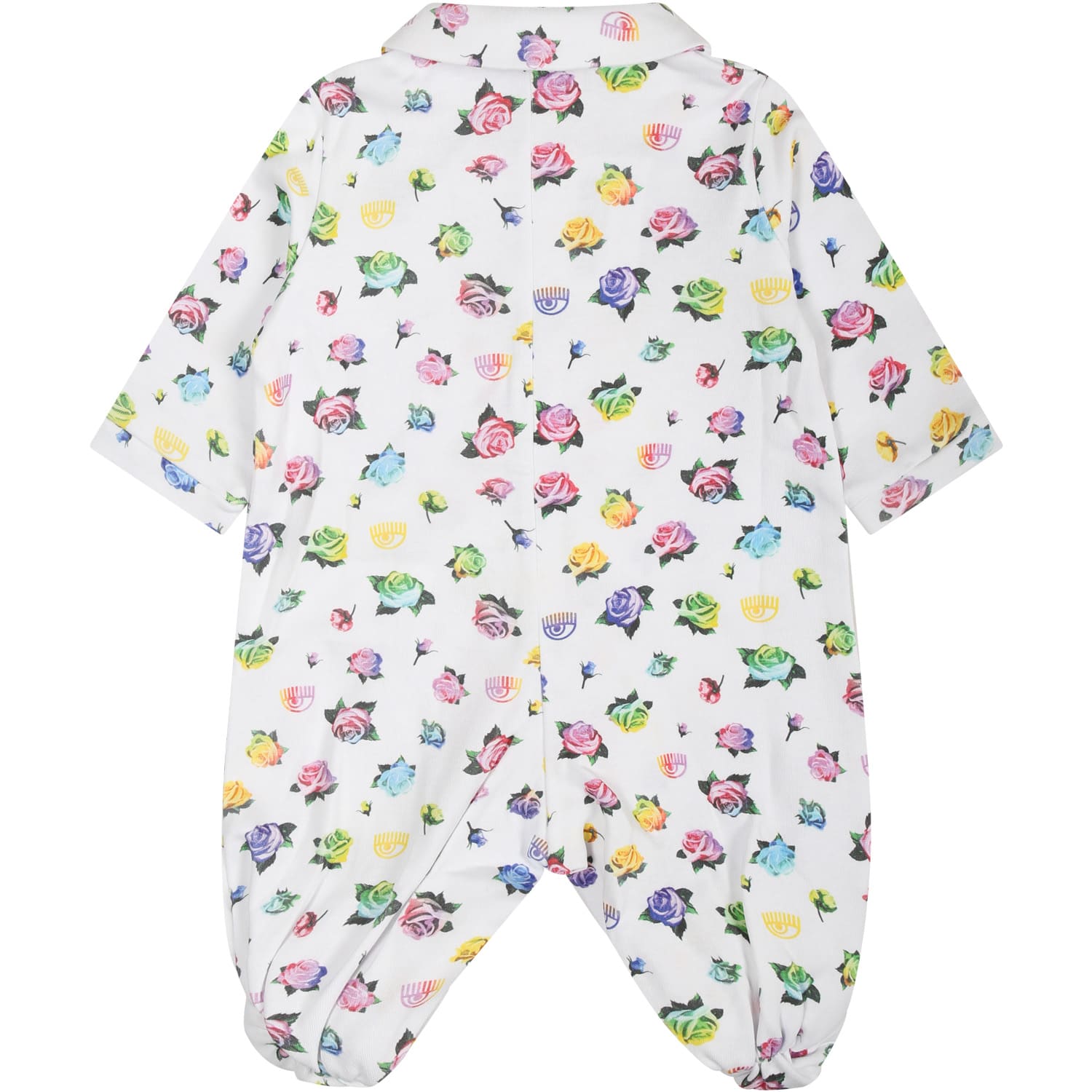 Shop Chiara Ferragni Pink Playsuit For Baby Girl With Flirting Eyes And Multicolor Roses In White