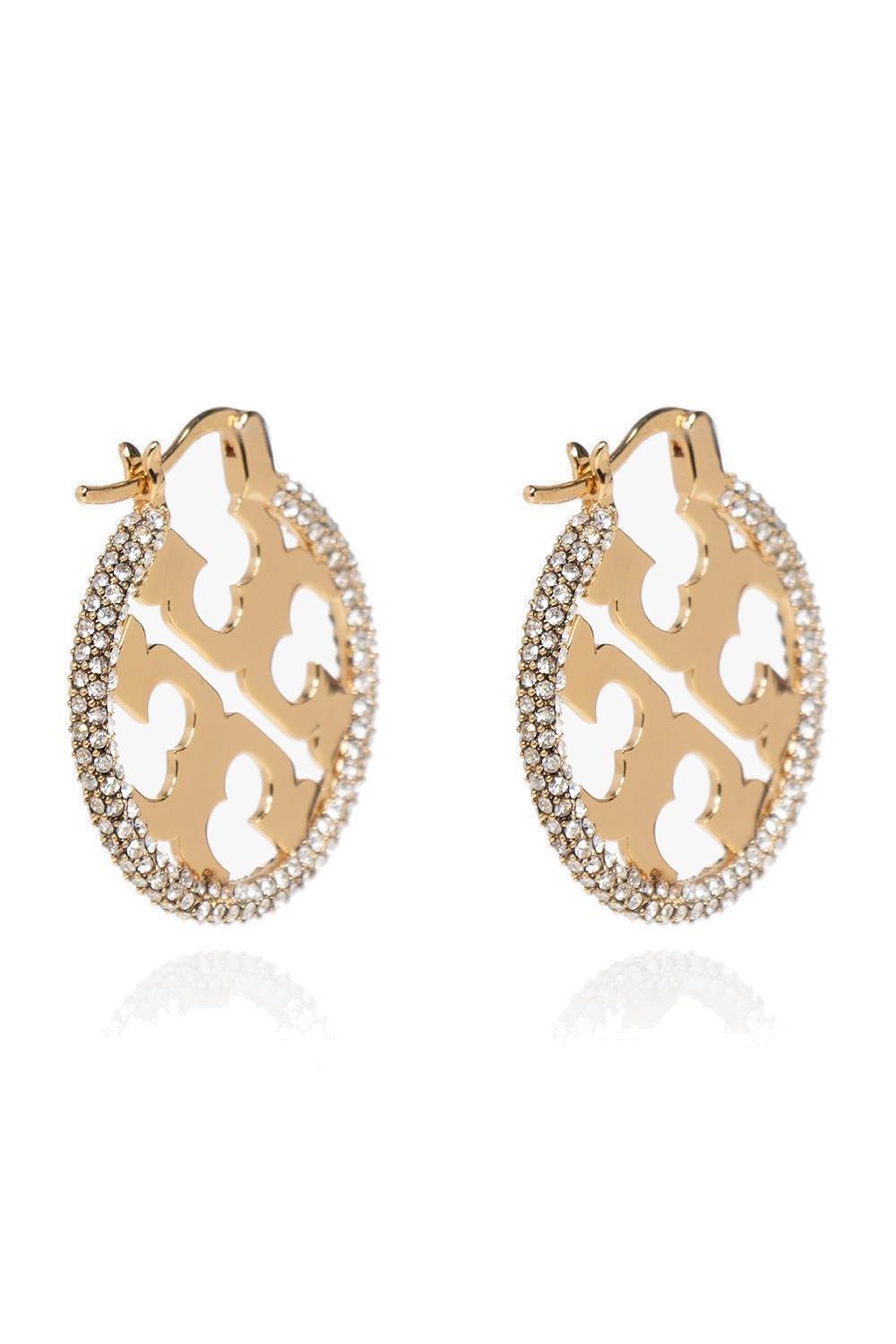 Shop Tory Burch Miller Logo Plaque Earrings In Tory Gold/crystal