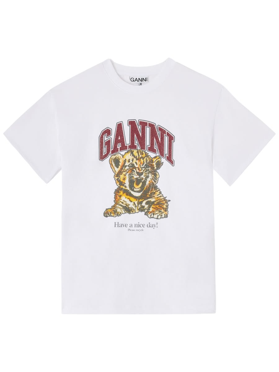 Ganni Womens Bright White Tiger-print Round-neck Cotton-jersey T-shirt Xl