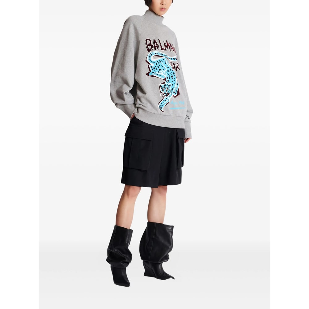 Balmain Cheetah-print Turtleneck Sweatshirt In Gray