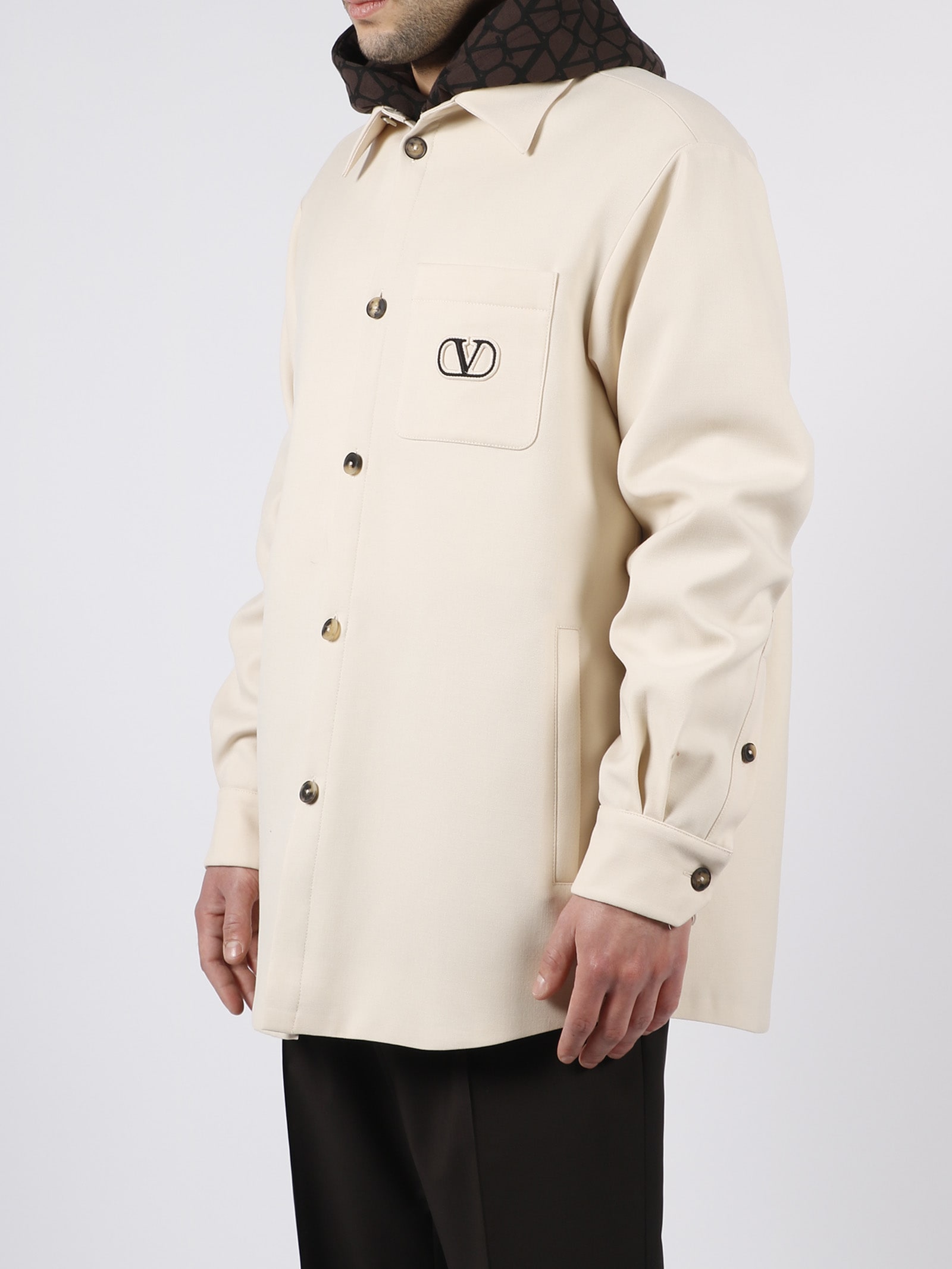 Shop Valentino Vlogo Signature Patch Wool Gabardine Shirt Jacket In Beige