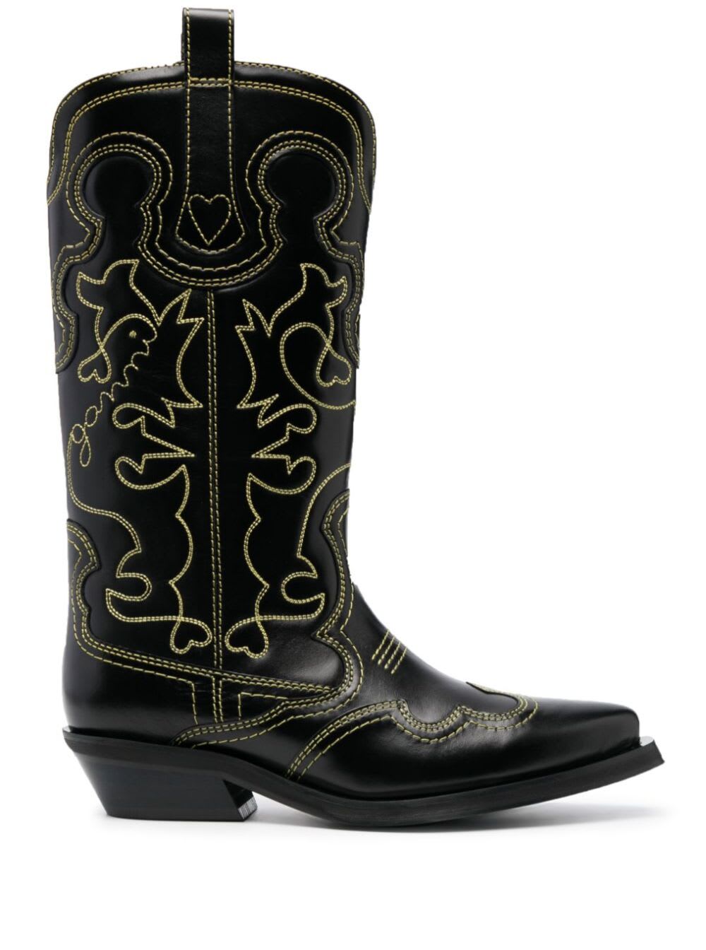 Shop Ganni Black Cowboy Boots With Contrasting Embroidered Stitching In Leather Woman
