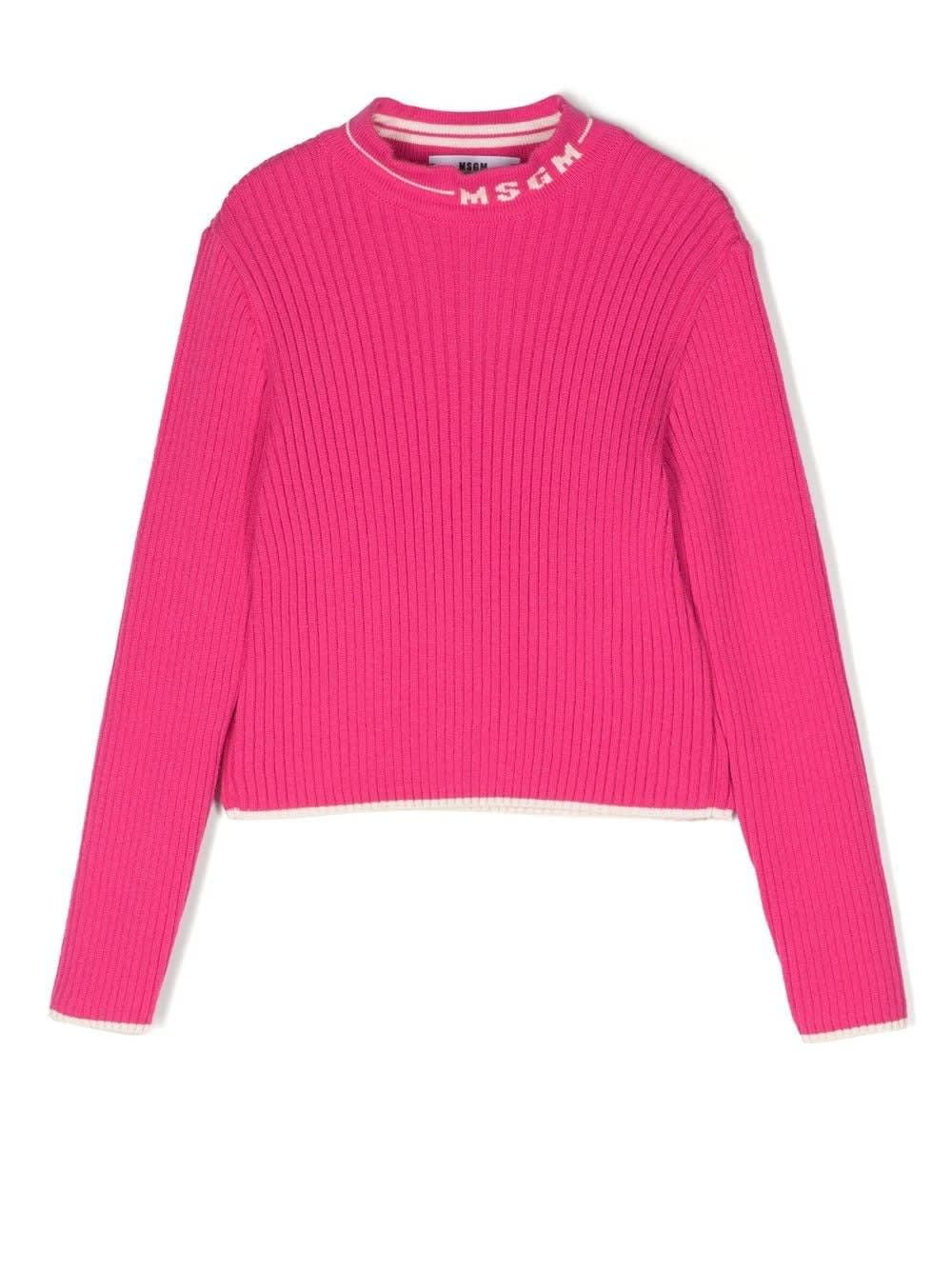 MSGM Kids Fuchsia Ribbed Sweater With Logo On The Neck
