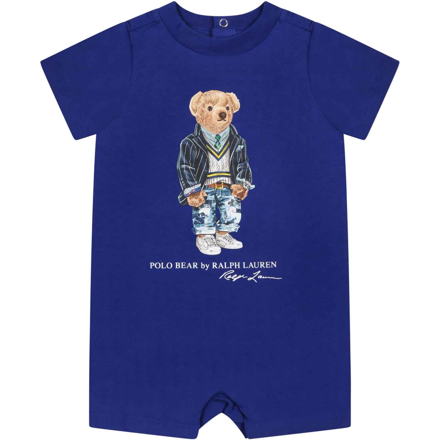 Ralph Lauren Blue Romper For Baby Boy With Bear