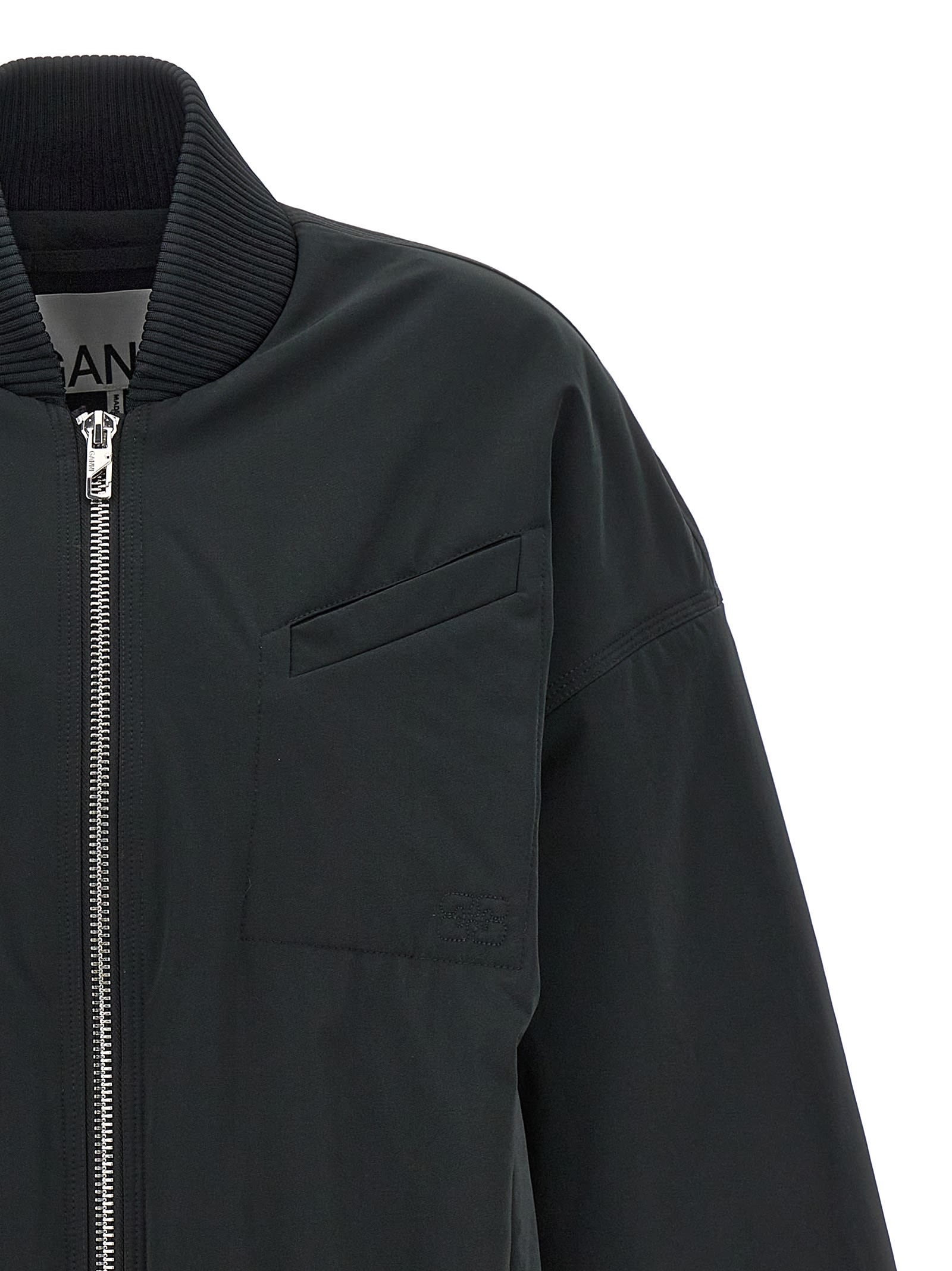Ganni Light Twill Oversized Short Bomber Jacke In Black