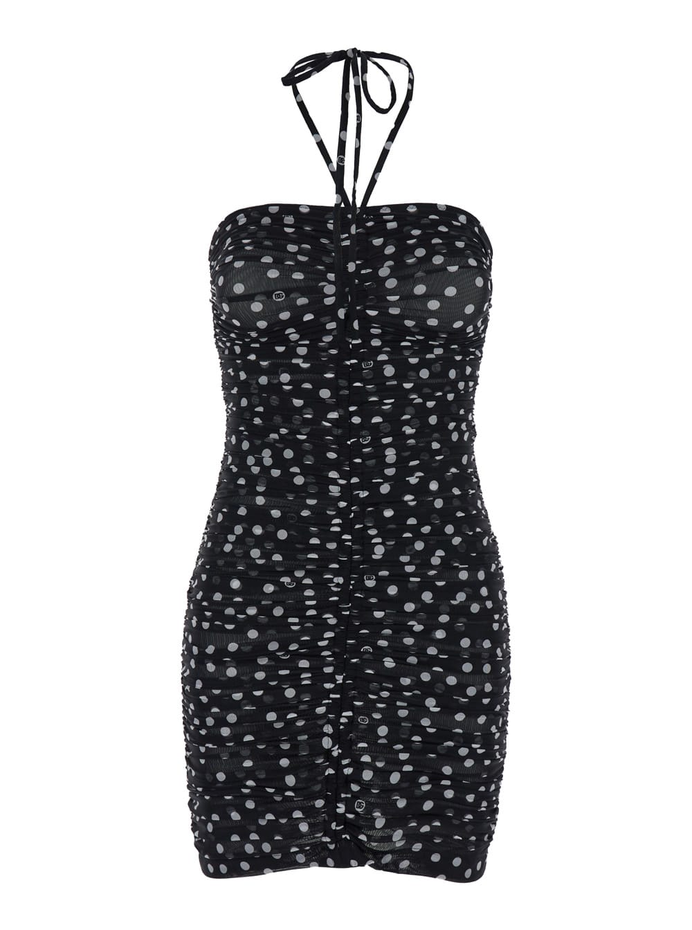 Shop Dolce & Gabbana Mini Black Draped Dress With Polka Dots Print In Tulle Woman