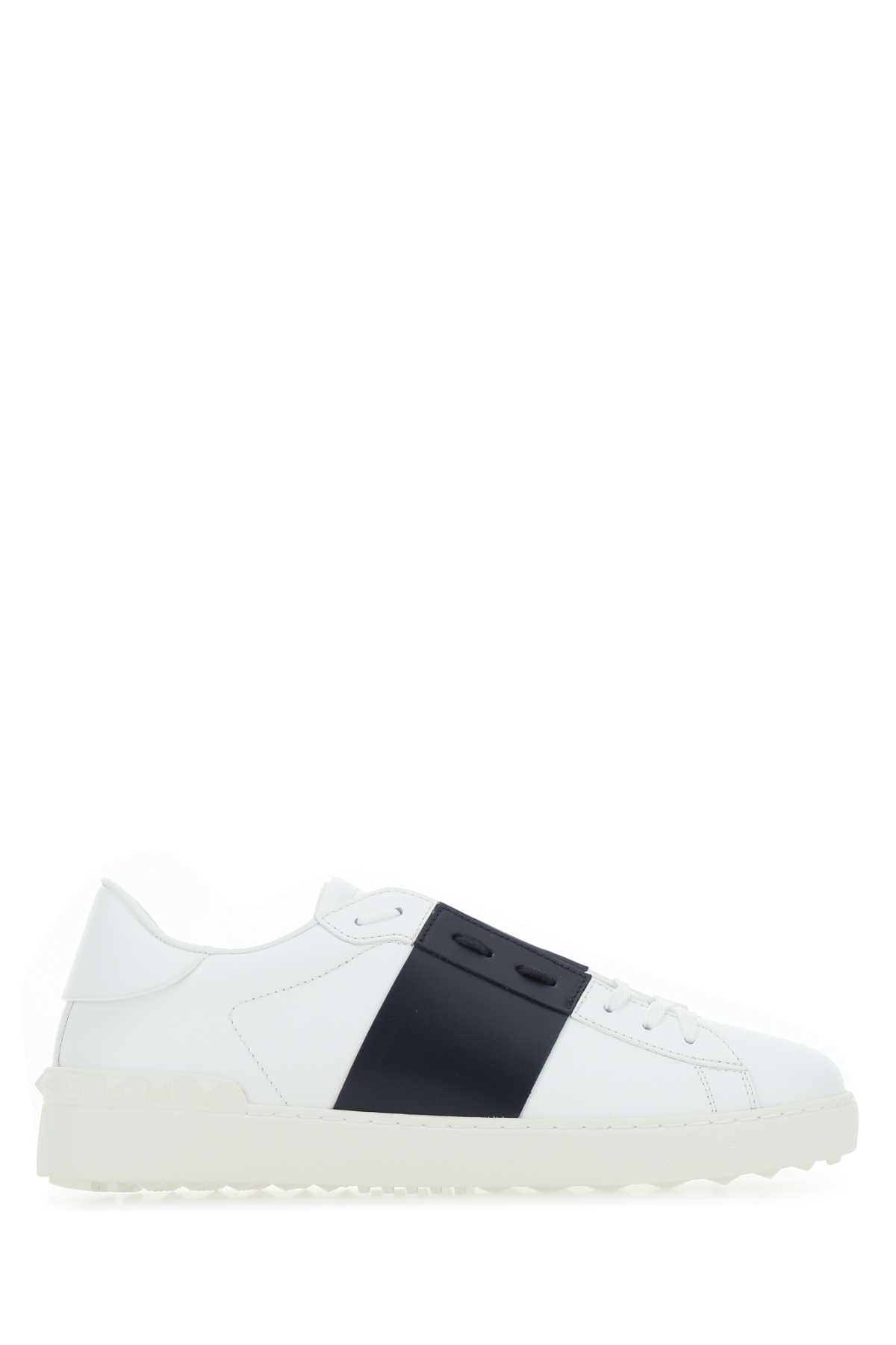 Shop Valentino Navy Blue Leather Open Sneakers With Black Band In Biancomarinebianco