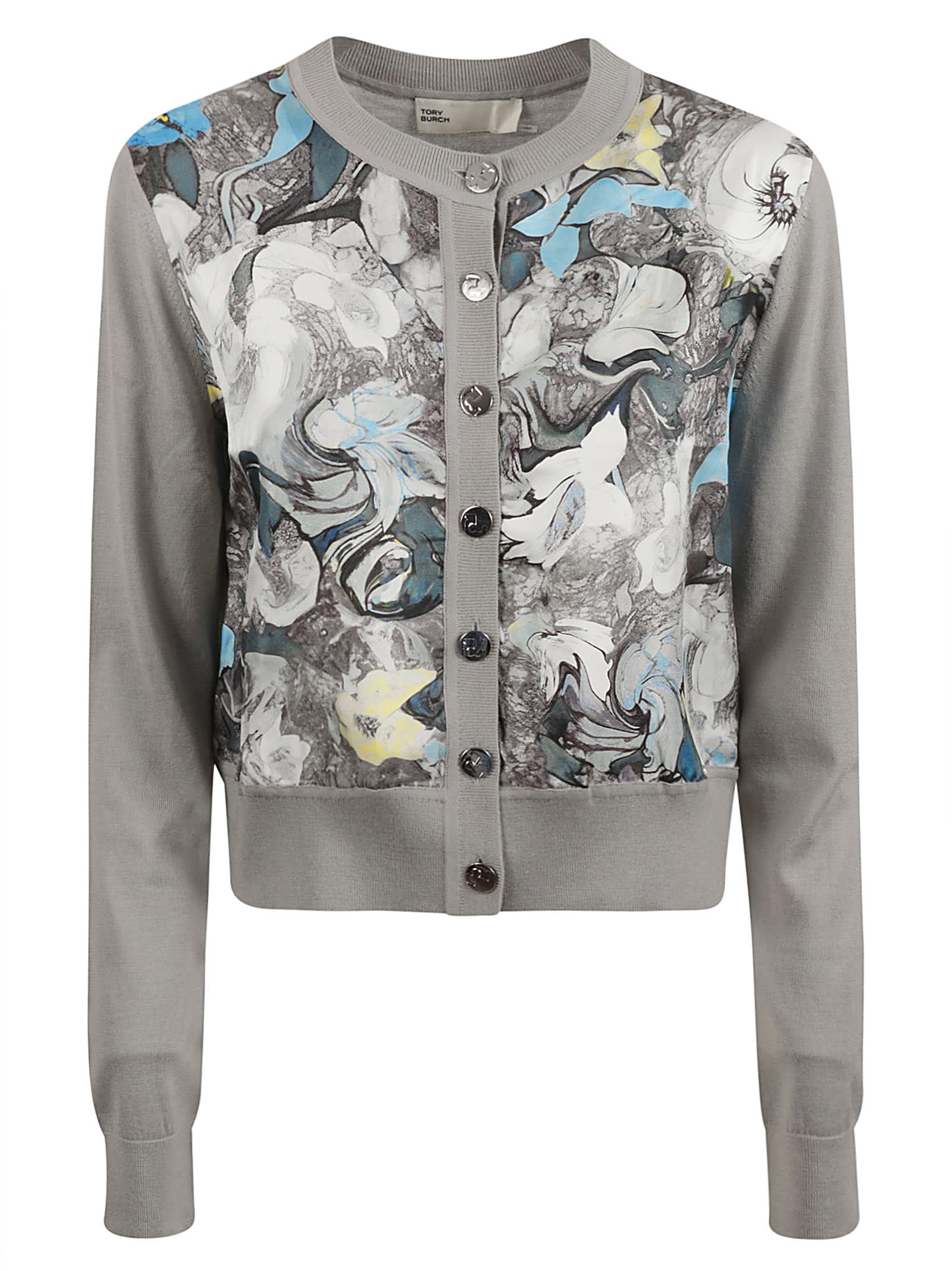 Shop Tory Burch Cropped Silk-front Cardigan In Gray/blue Abstract Floral