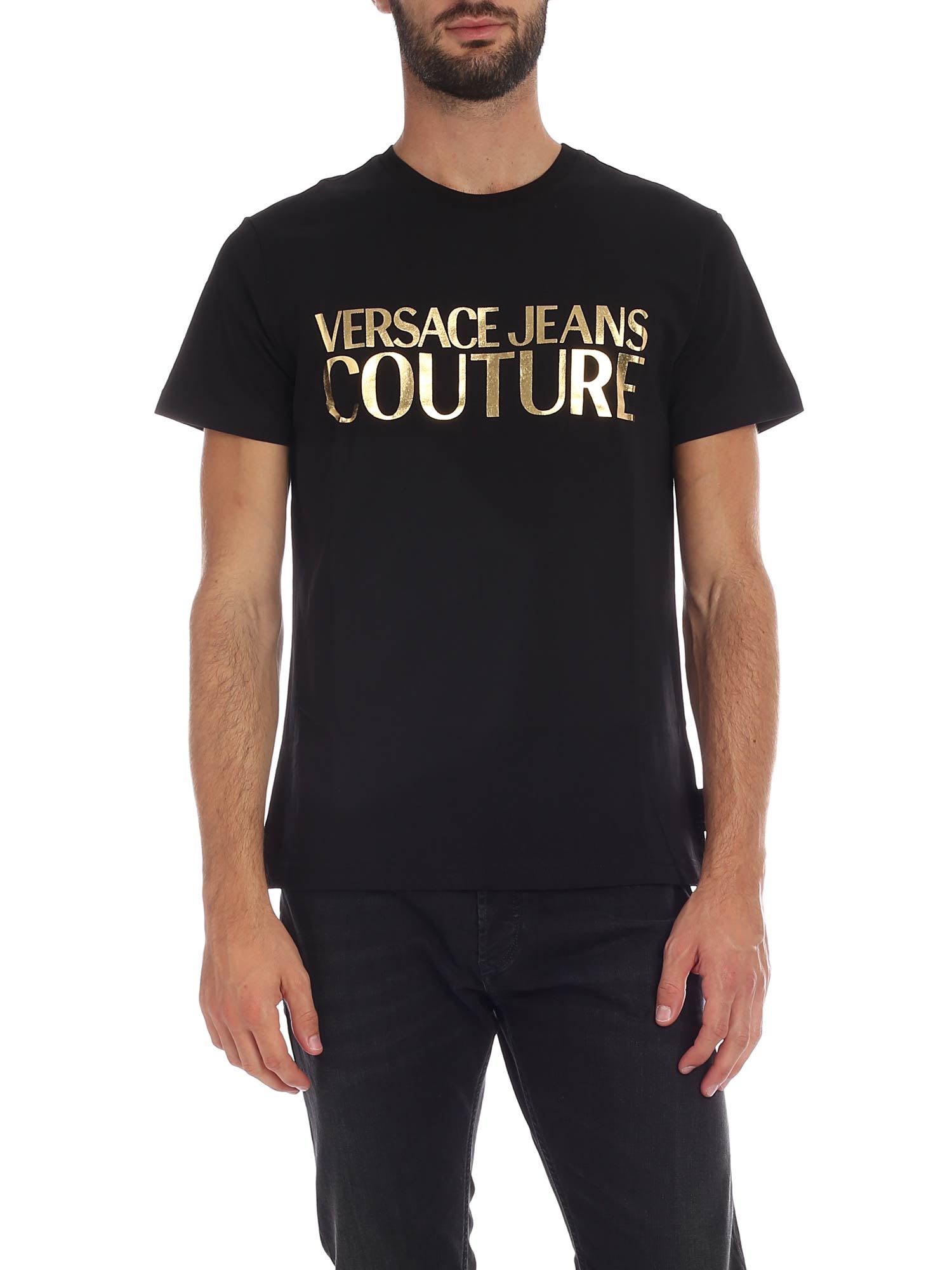 Versace Jeans Couture T-shirt Stampa Logo In Nero Oro | ModeSens