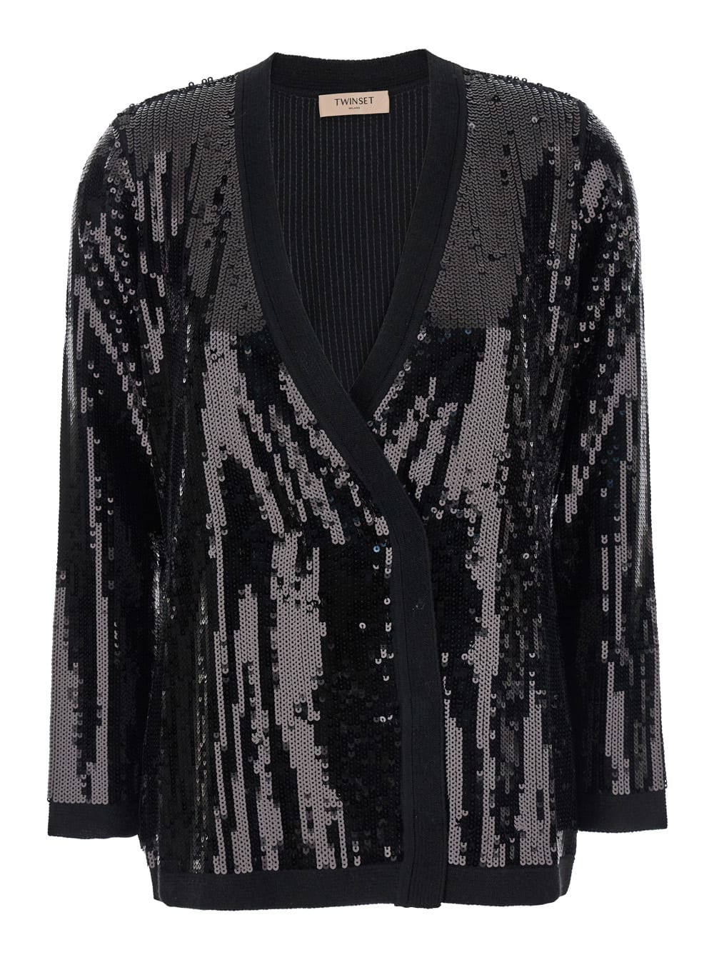 Shop Twinset Black Double-breasted Cardigan With Sequins All-over In Technical Fabric Woman