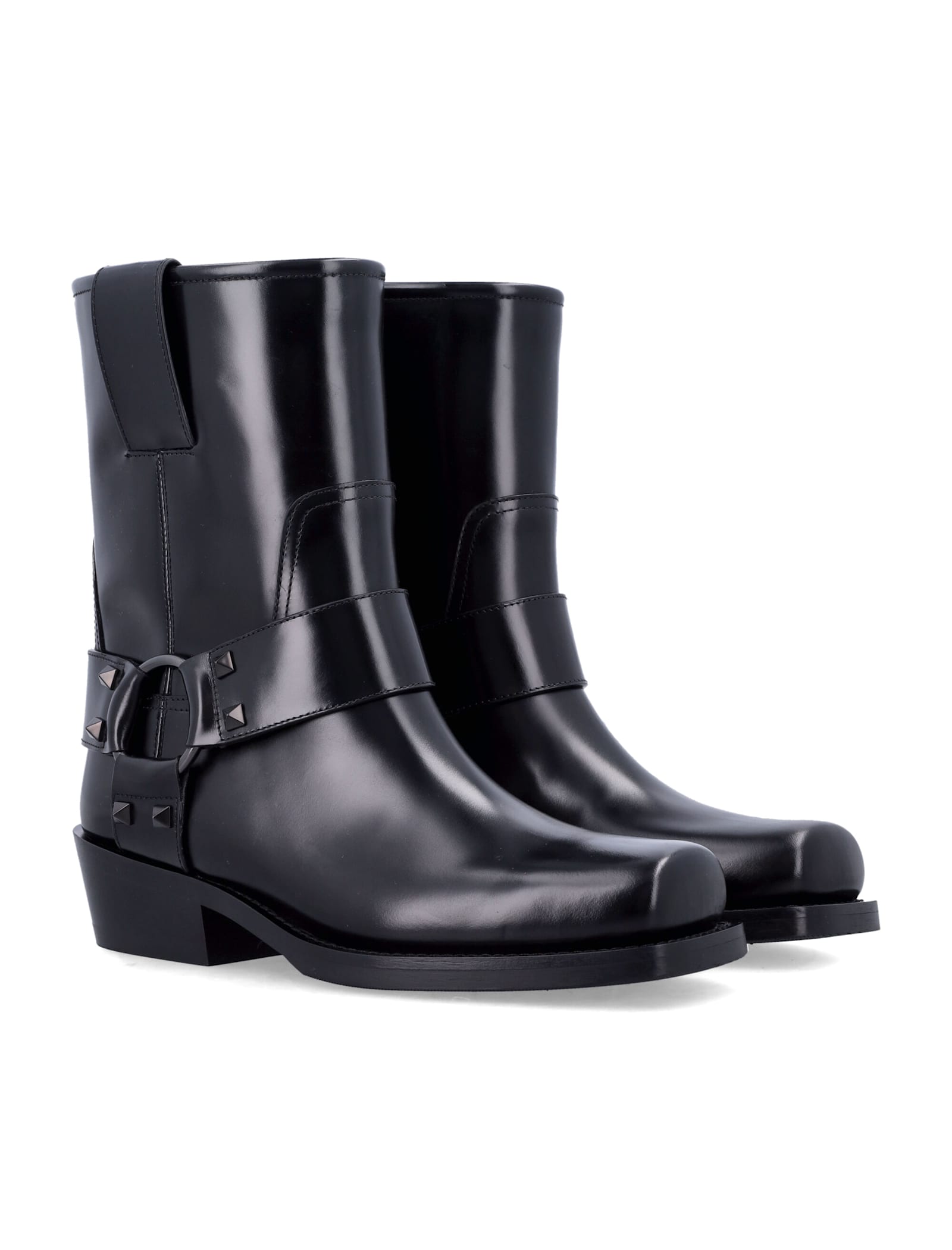 Shop Valentino Rockstud Leather Biker Ankle Boots In Black