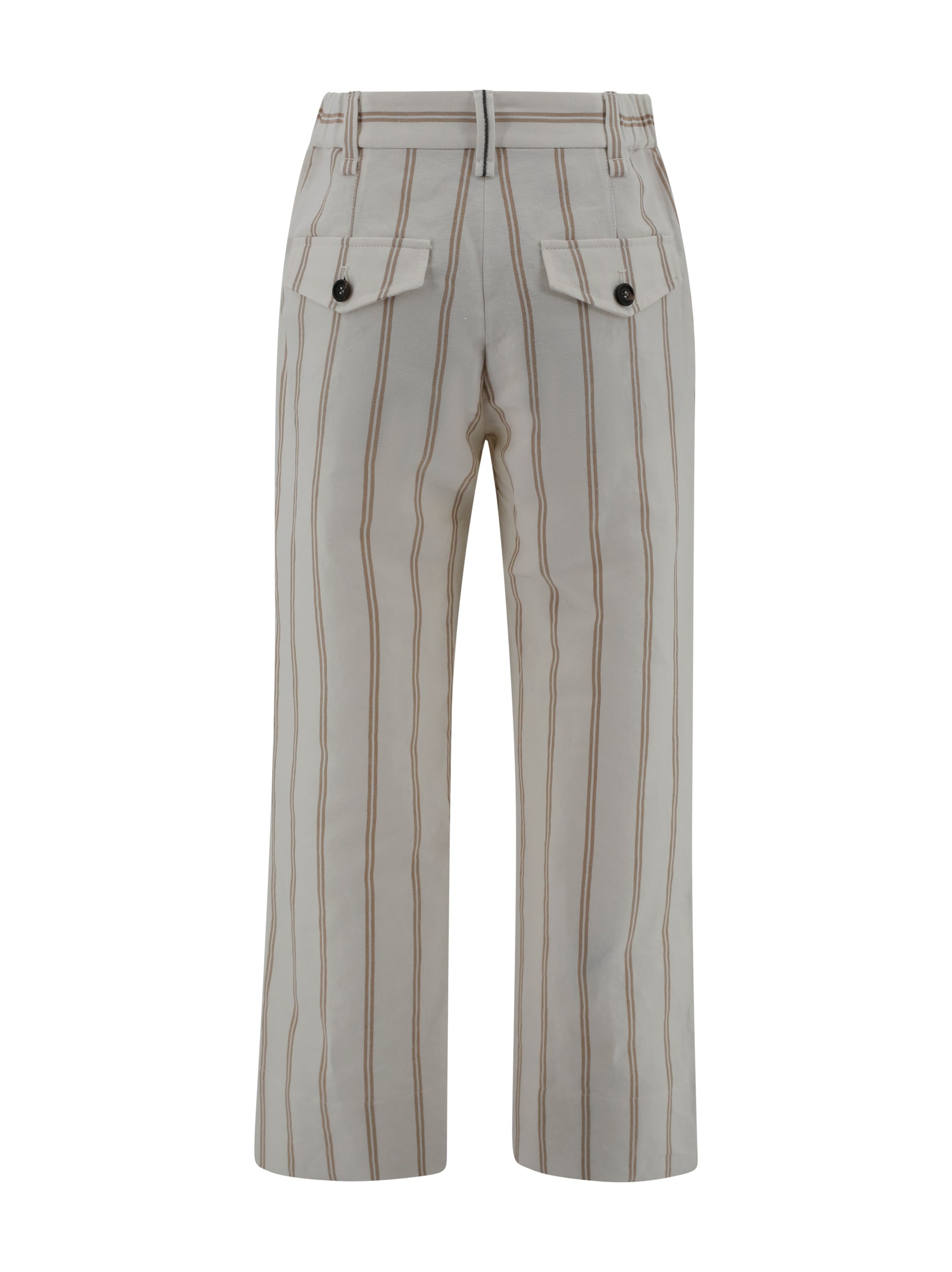 BRUNELLO CUCINELLI MULTICOLOR CROP PANTS WITH ALL-OVER STRIPED MOTIF AND MONILE DETAIL IN LINEN AND COTTON BLEND WOMAN