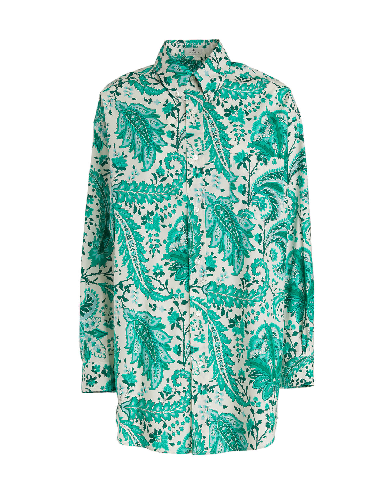 Etro Woman Over Shirt In Cotton With Green Ramage Floral Paisley Print