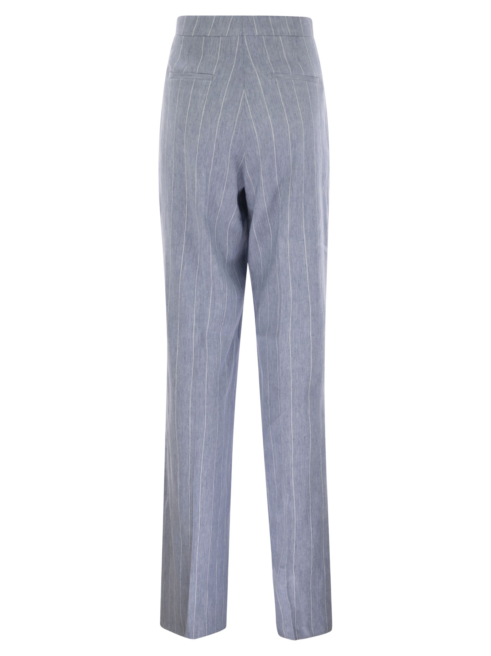 Tagliatore Women Pinstripe Trousers In Linen And Stretch Cotton In Light Blue