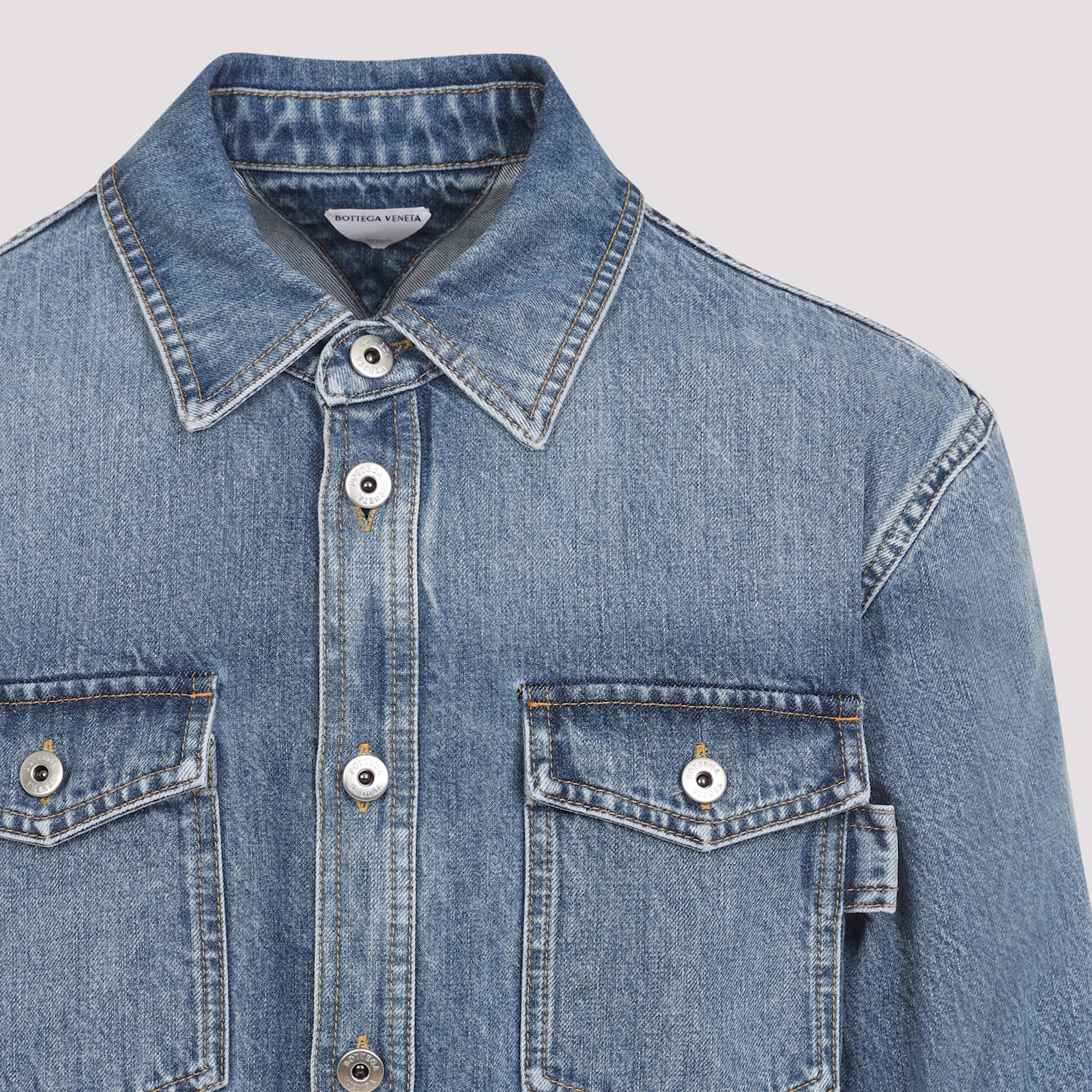 Bottega Veneta Denim Shirt With Flap Pockets And Contrasting Stitching In Blue