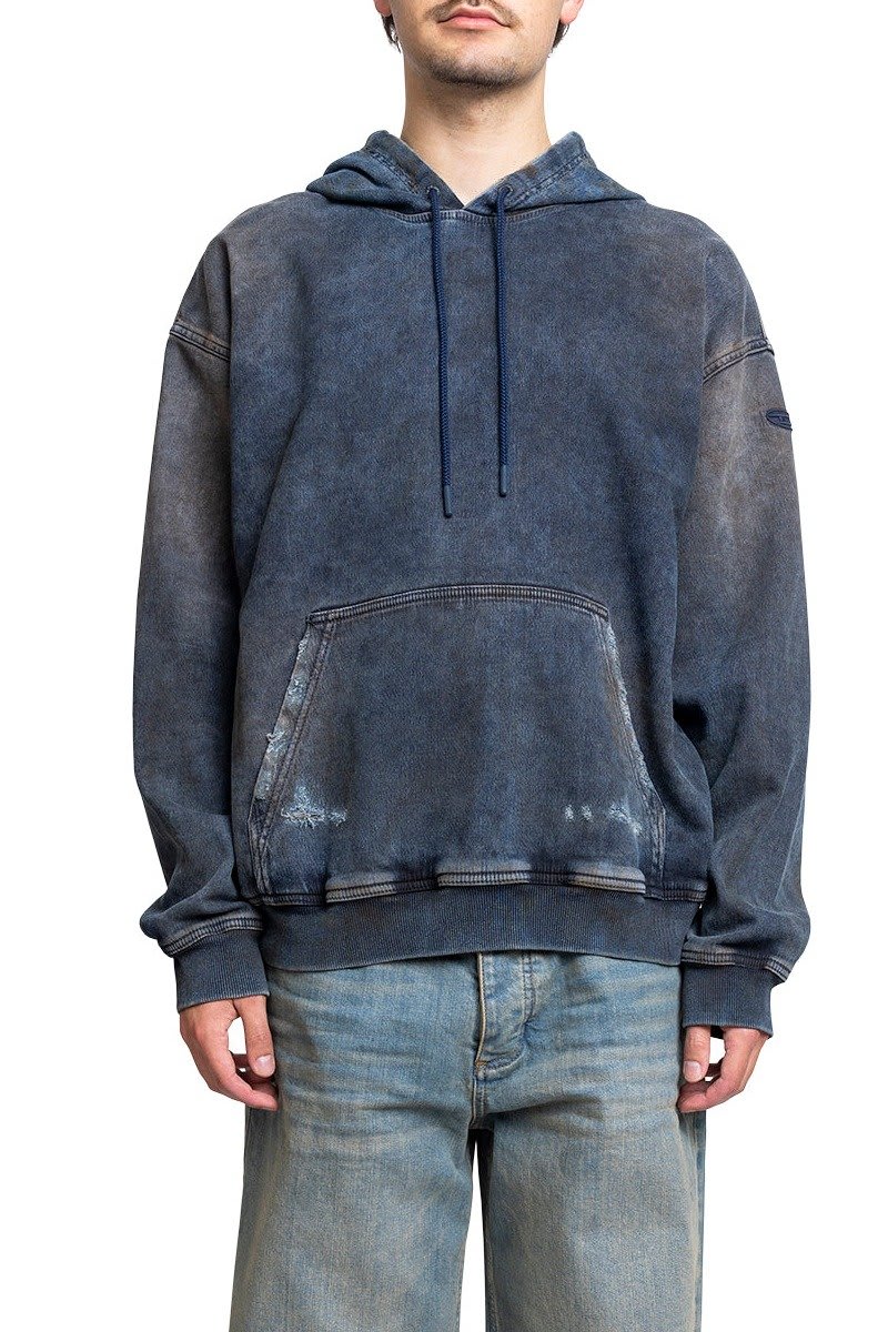 Shop Diesel Distressed Drawstring Hoodie In Blu Marrone