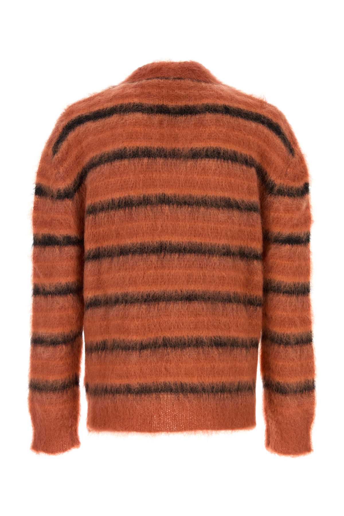 Marni Striped V-neck Ribbed Cardigan With Long Sleeves In Brown
