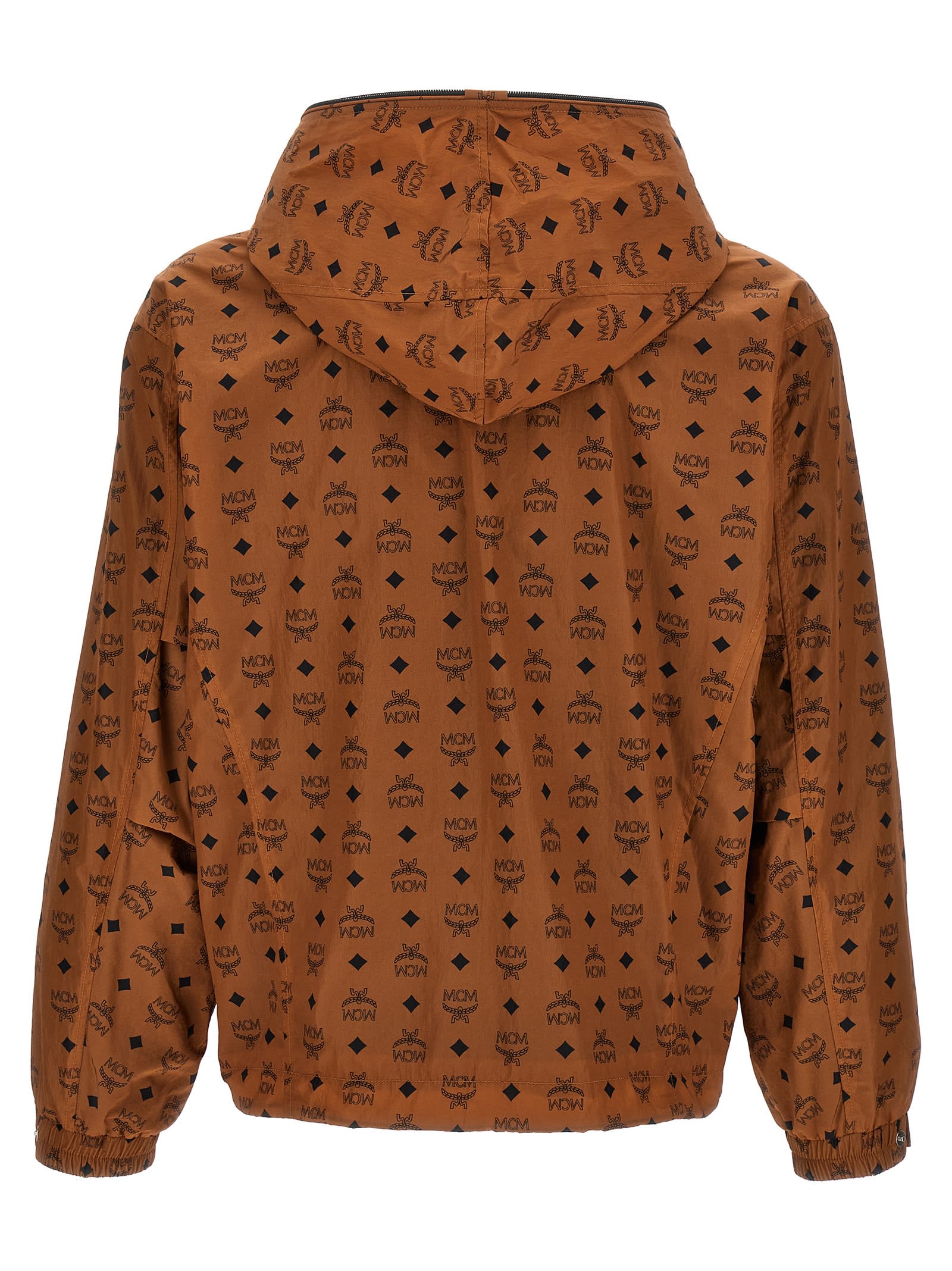 Shop Mcm Logo Print Hooded Jacket In Brown/black
