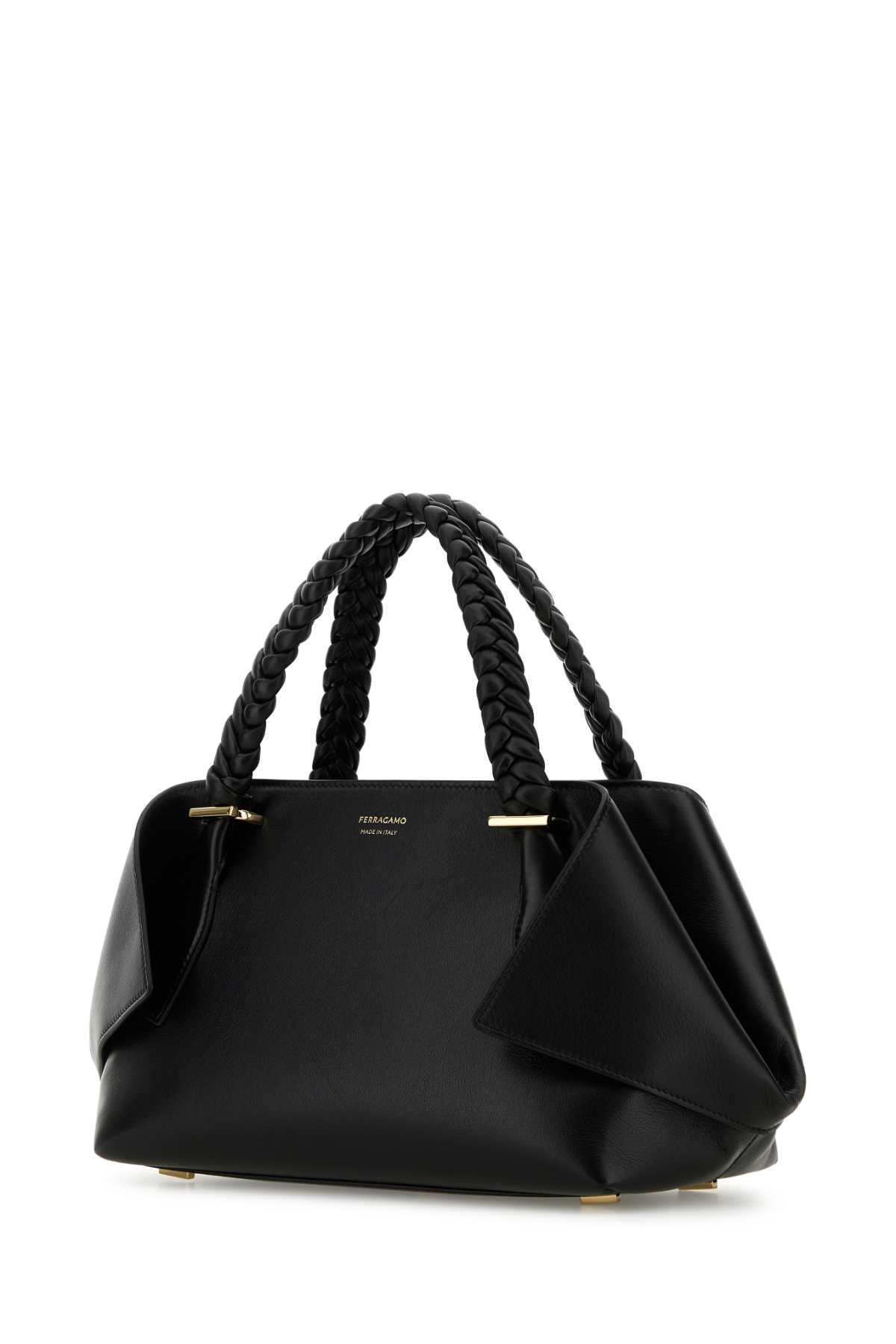 Ferragamo Structured Handbag With Braided Handle And Folded Accents In Black