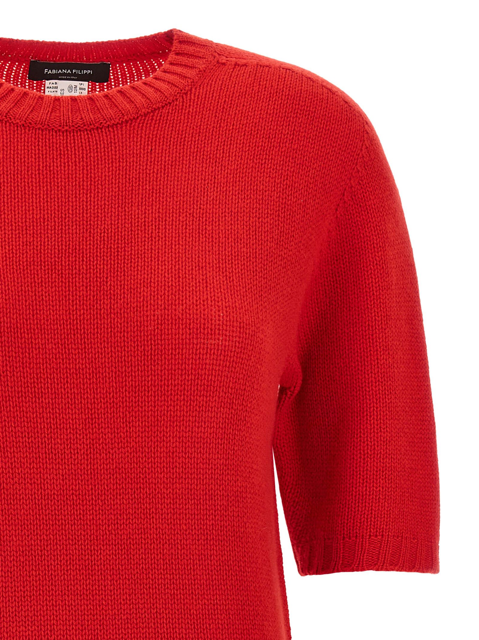 Fabiana Filippi Short-sleeved Cashmere Sweater With Ribbed Trims In Red