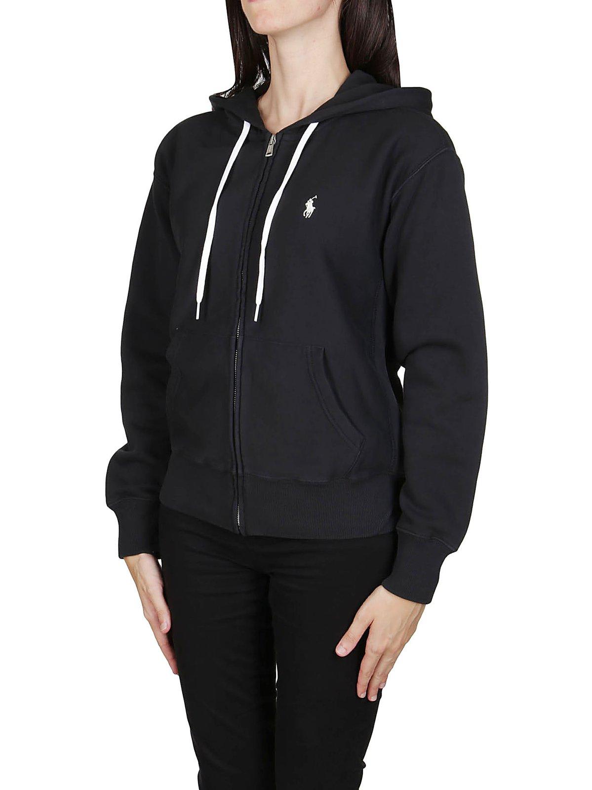 Shop Polo Ralph Lauren Logo Embroidered Zip-up Hoodie  In Black