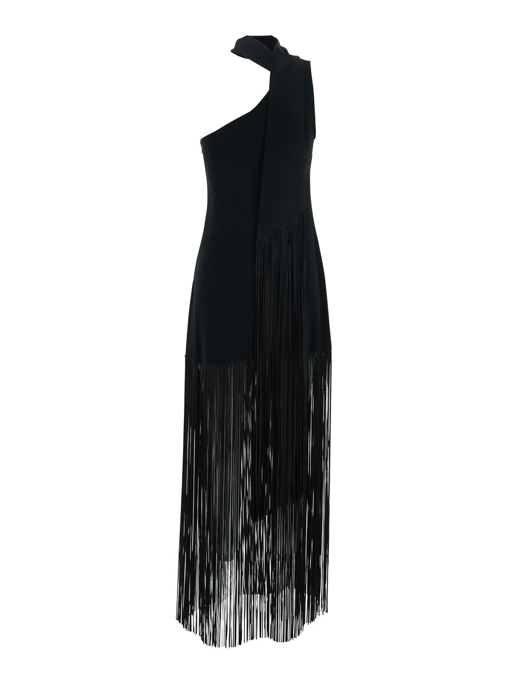 Taller Marmo Atlanta Dress With Asymmetric Neck And Fringe Detailing In Black