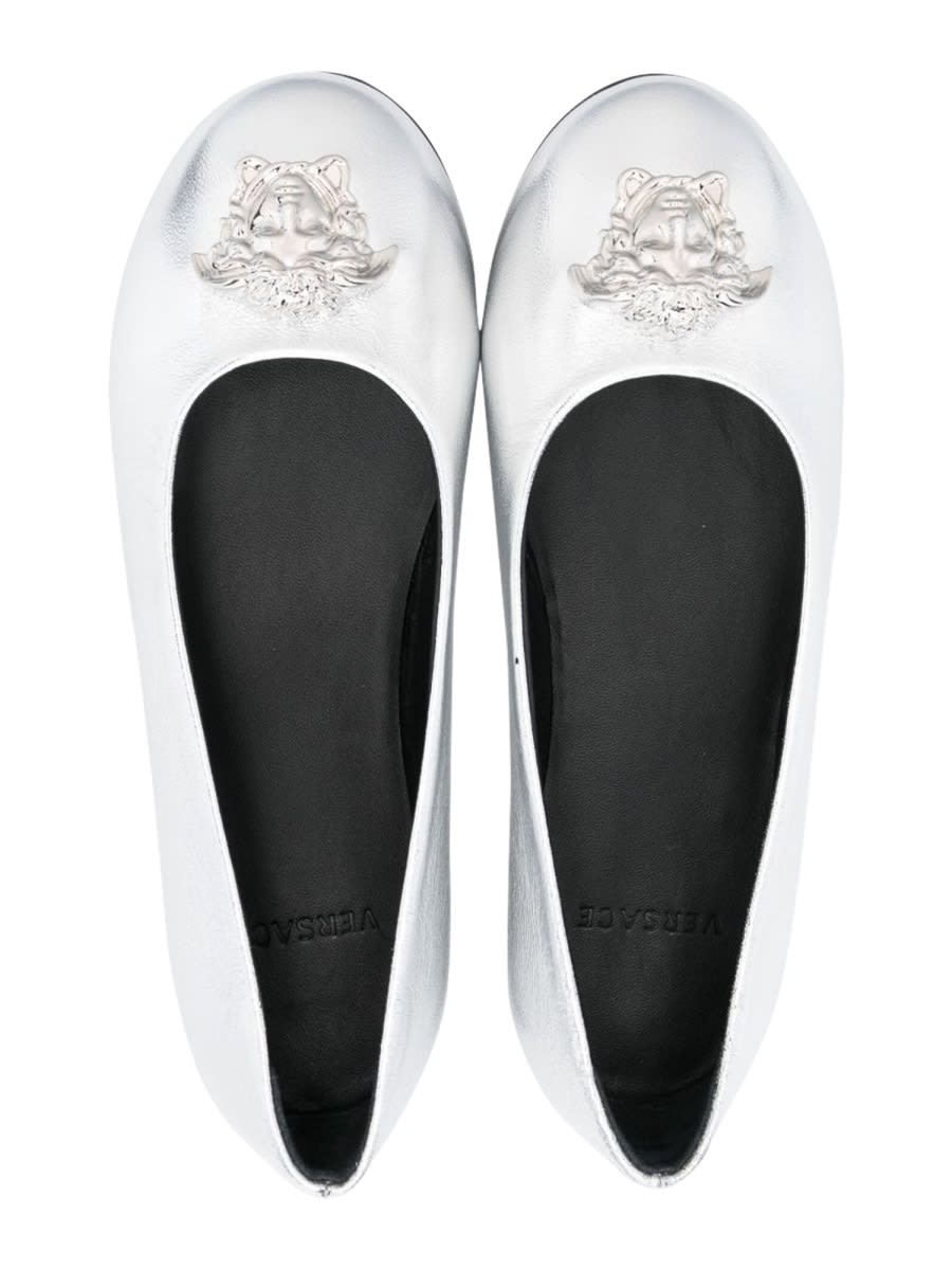 Shop Versace Laminated Ballerinas In Silver