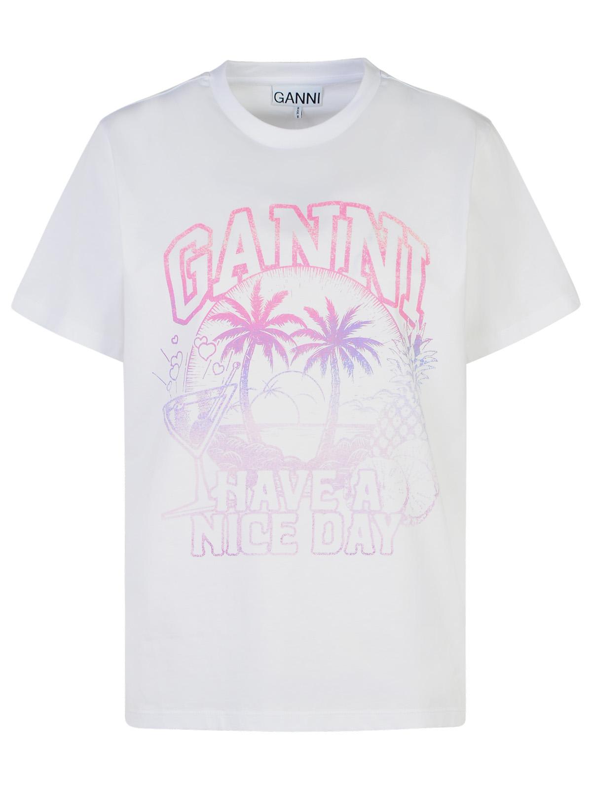 Shop Ganni White Cotton T-shirt In White/pink