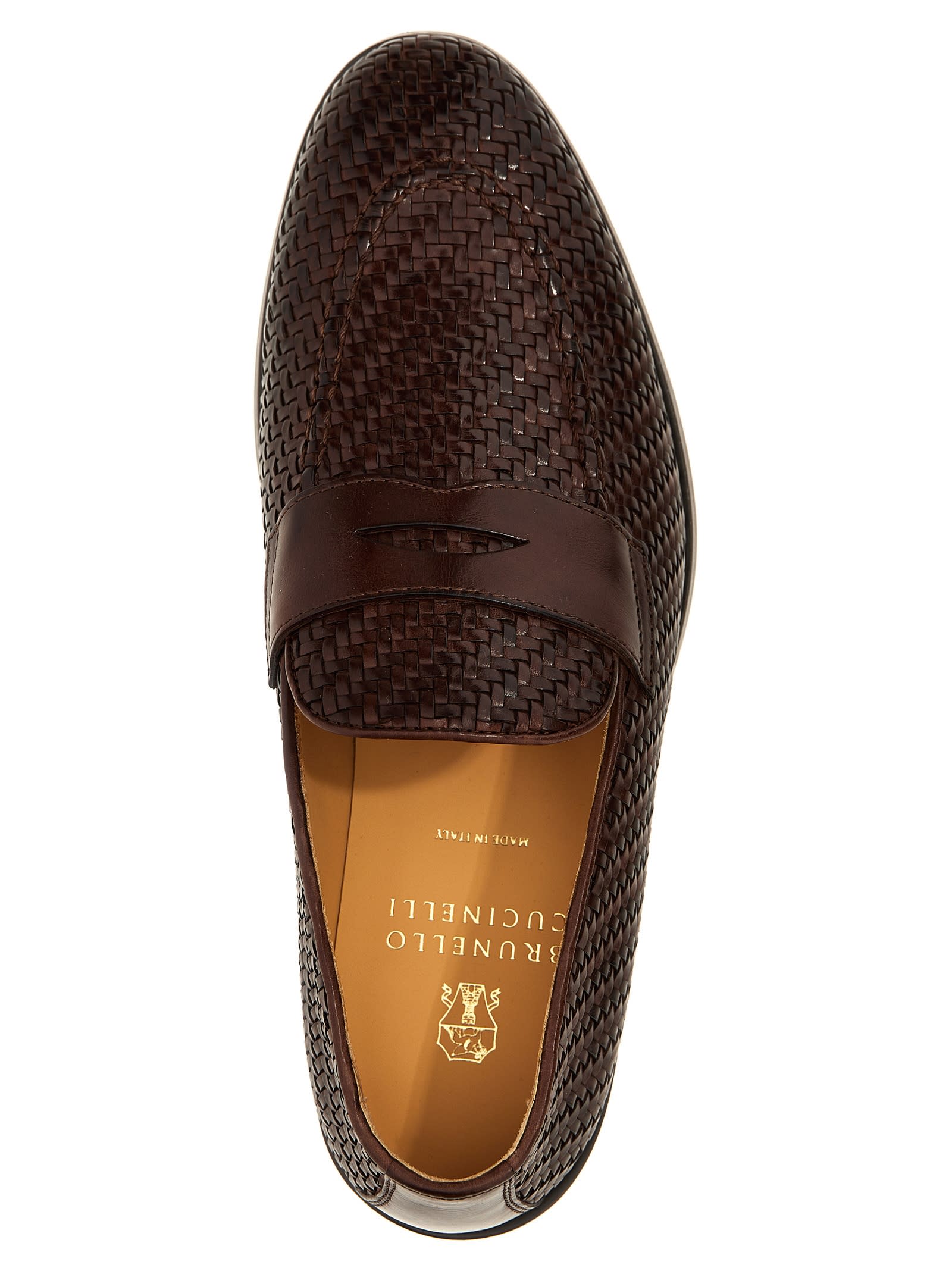 Brunello Cucinelli Woven Leather Penny Loafer In Brown