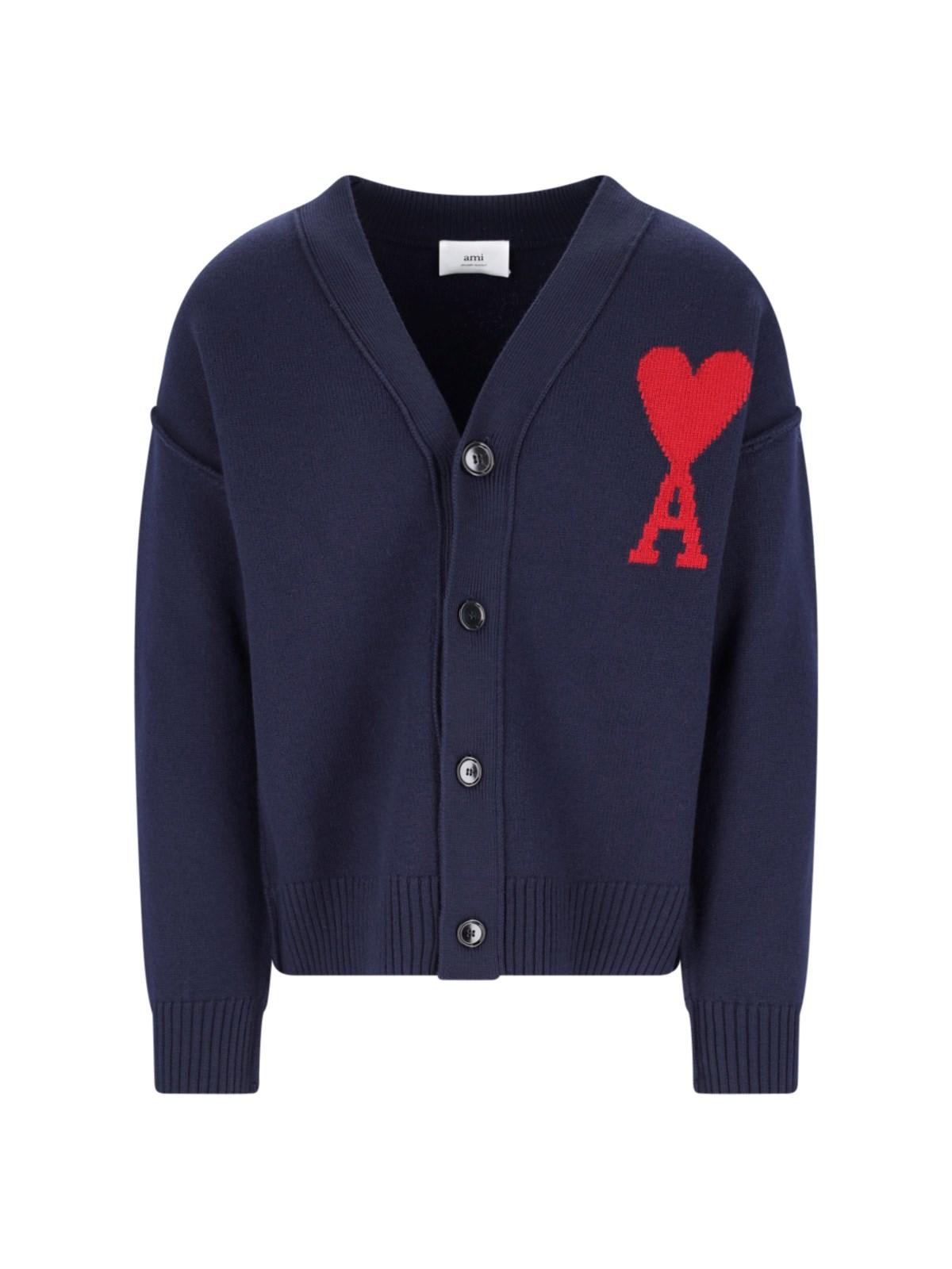 Shop Ami Alexandre Mattiussi Logo Cardigan In Night Blue Red