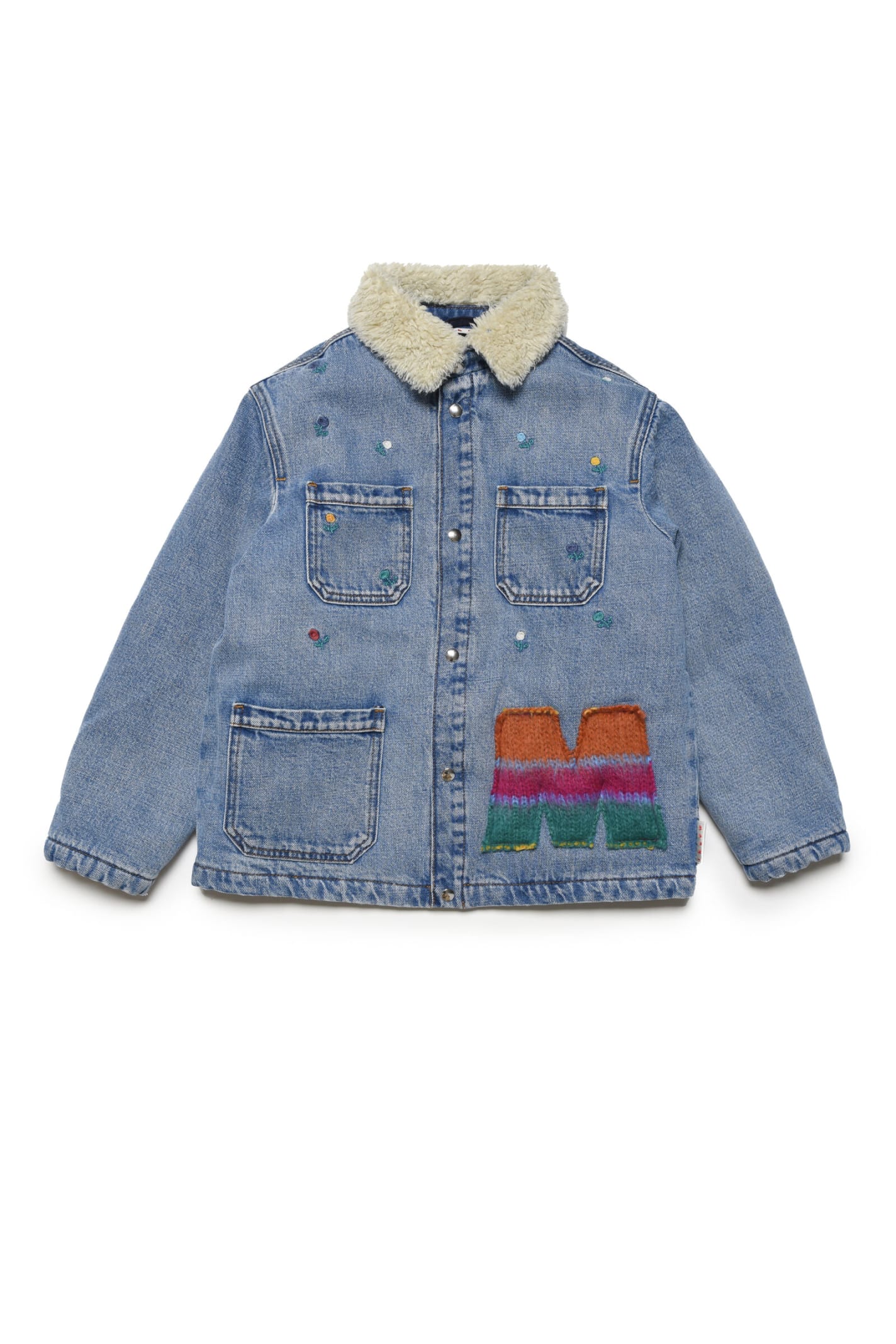 MARNI MJ130F JACKET MARNI LIGHT BLUE JEANS JACKET WITH EMBROIDERED FLOWERS AND PATCHES
