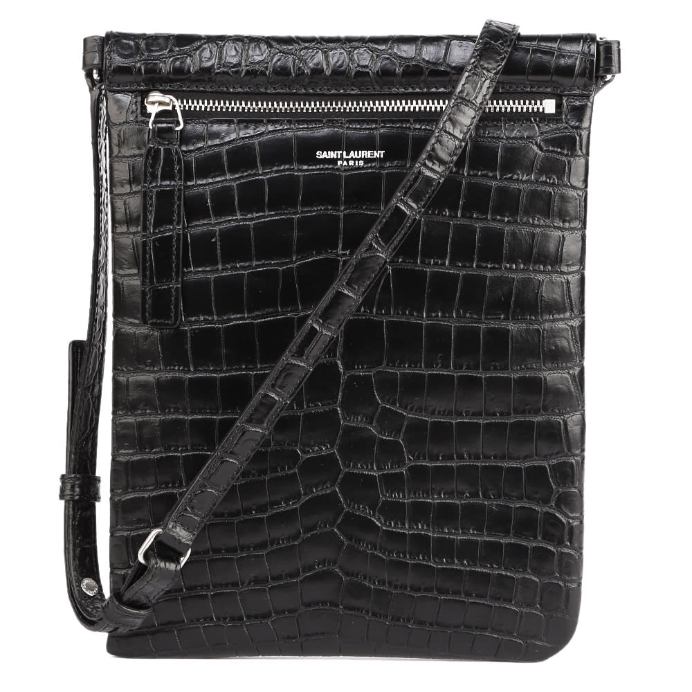 Saint Laurent Black Messenger Bag In Crocodile Printed Leather