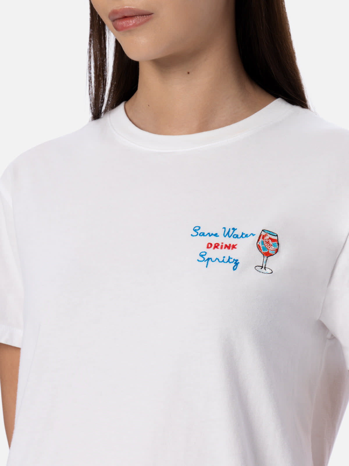 Mc2 Saint Barth Woman Cotton Jersey Crewneck T-shirt Emilie With Save Water, Drink Spritz Embroidery In White