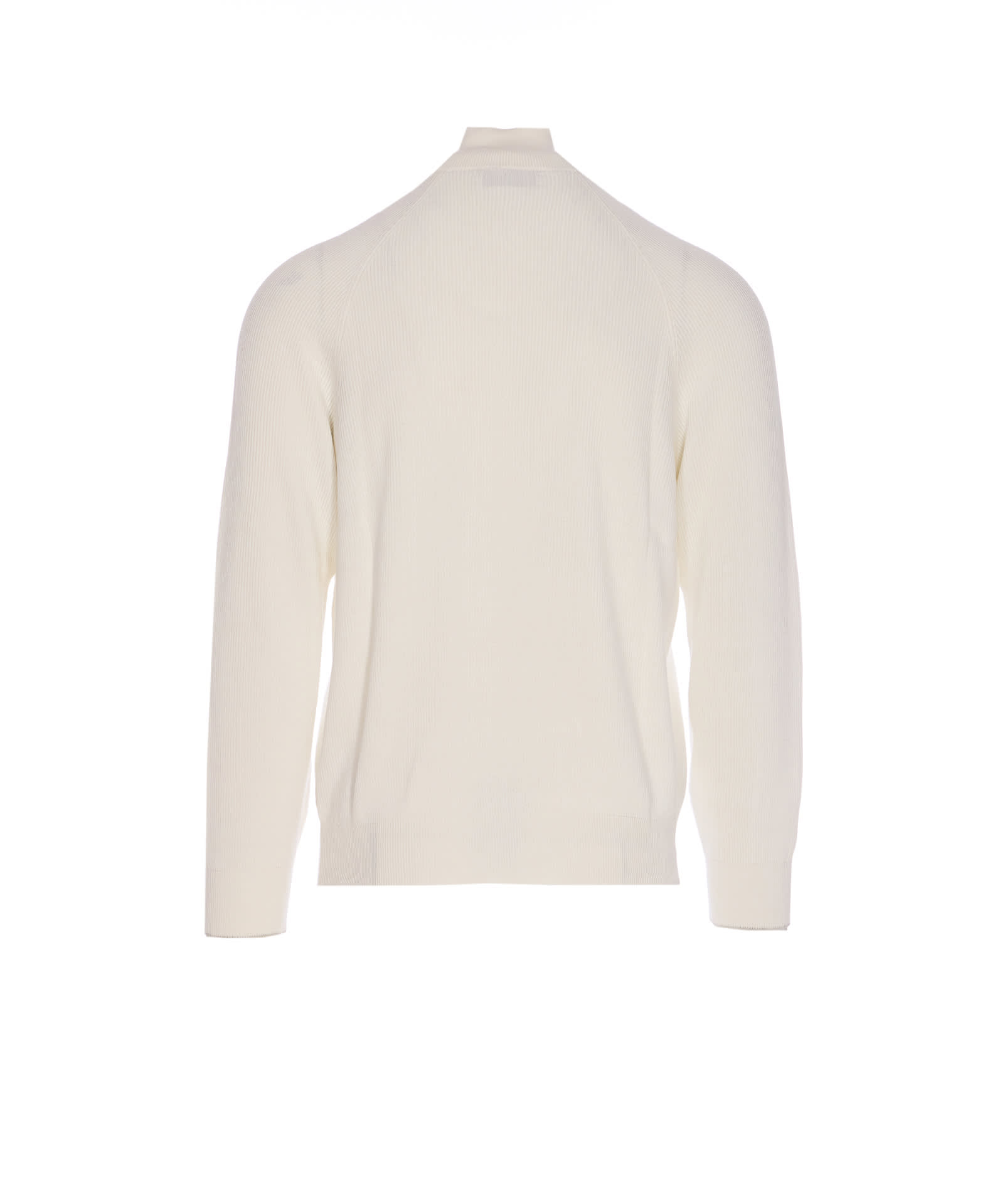 Brunello Cucinelli Men English Rib Cotton Sweater With Zip Opening In White