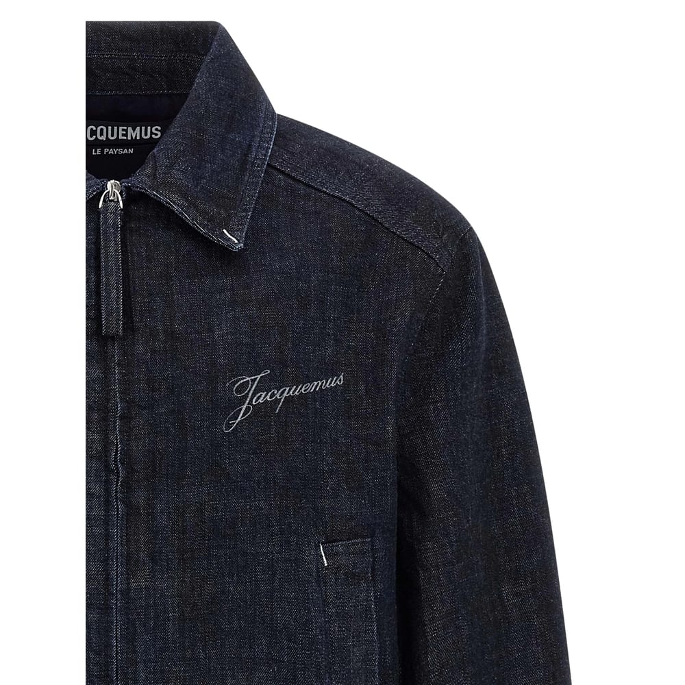 Jacquemus Dark Indigo Denim Jacket With Front Zipper And Logo In Black