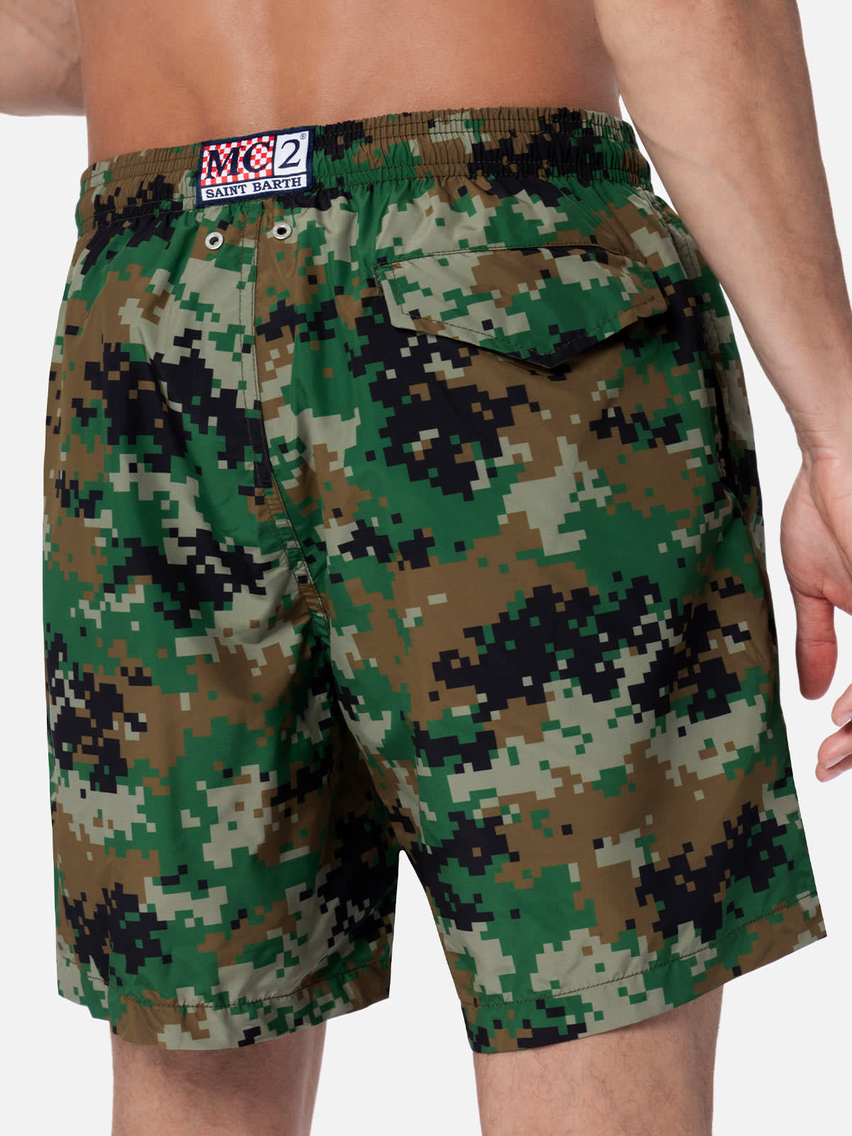 Mc2 Saint Barth Man Lightweight Fabric Swim-shorts Lighting With Camouflage Print In Green