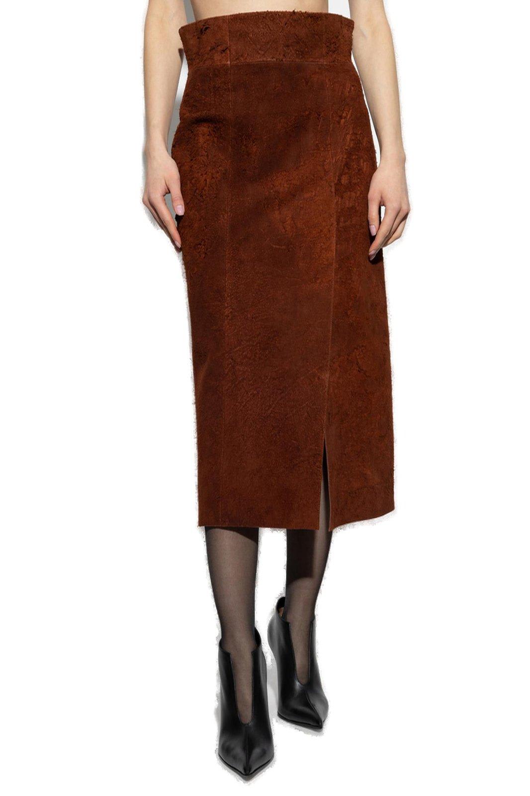 Alexander Mcqueen Womens Brown Brushed-suede Split Leather Midi Skirt In Brown
