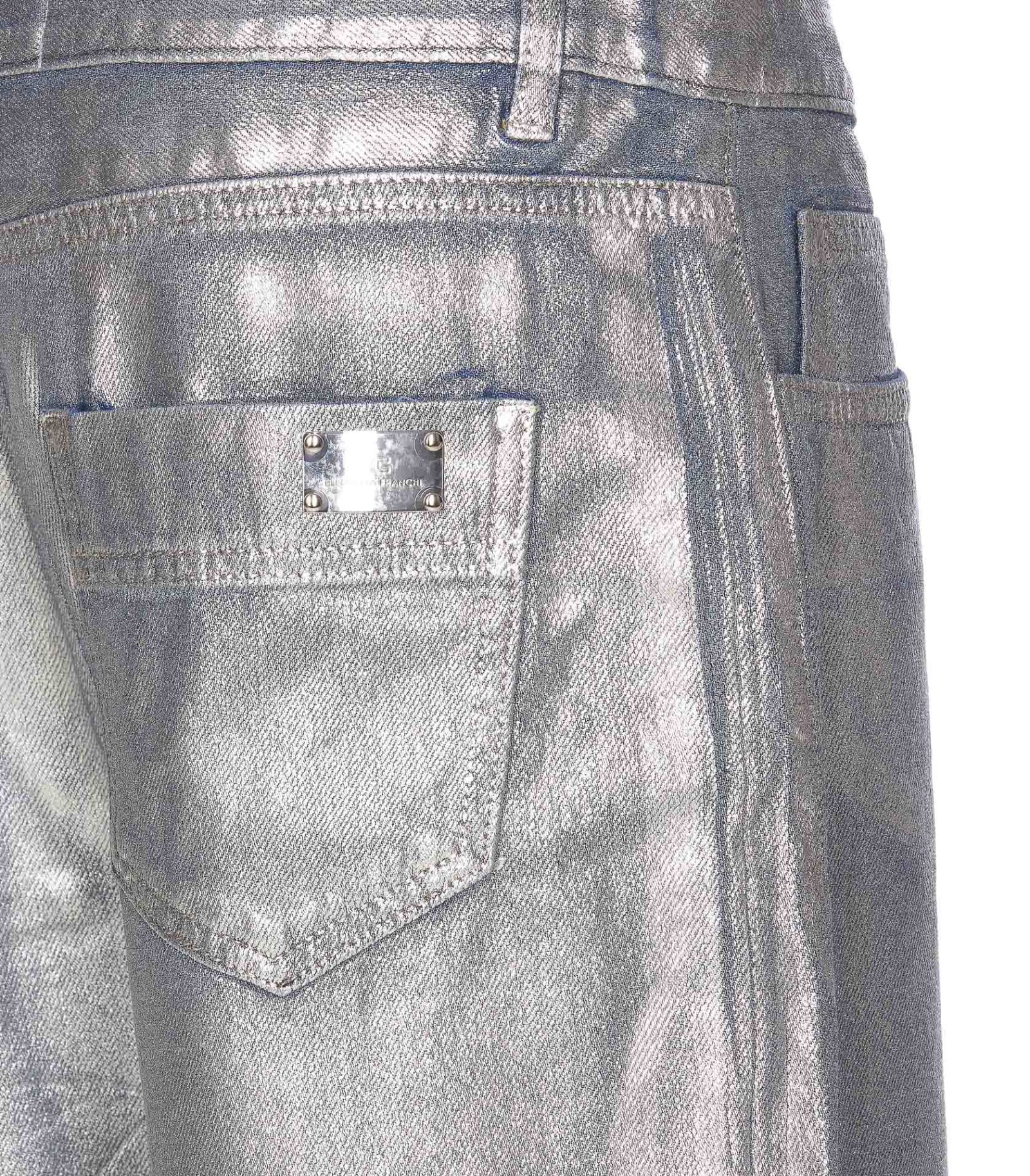 Shop Elisabetta Franchi Metallized Boyfriend Jeans In Silver