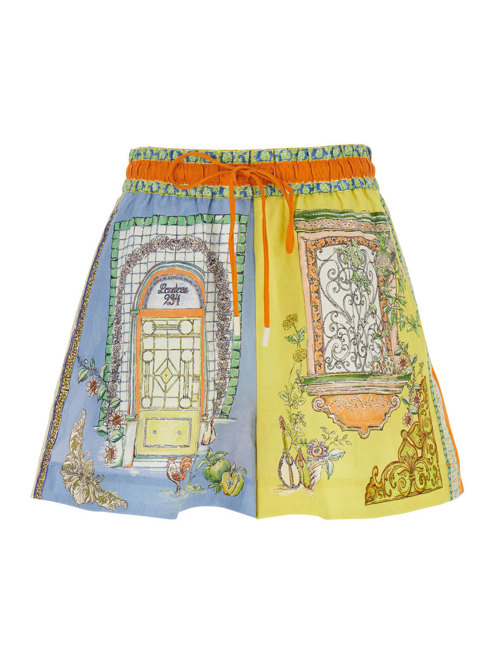 monte Multicolor Shorts With Elastic Waist And Graphic Print In Linen Woman