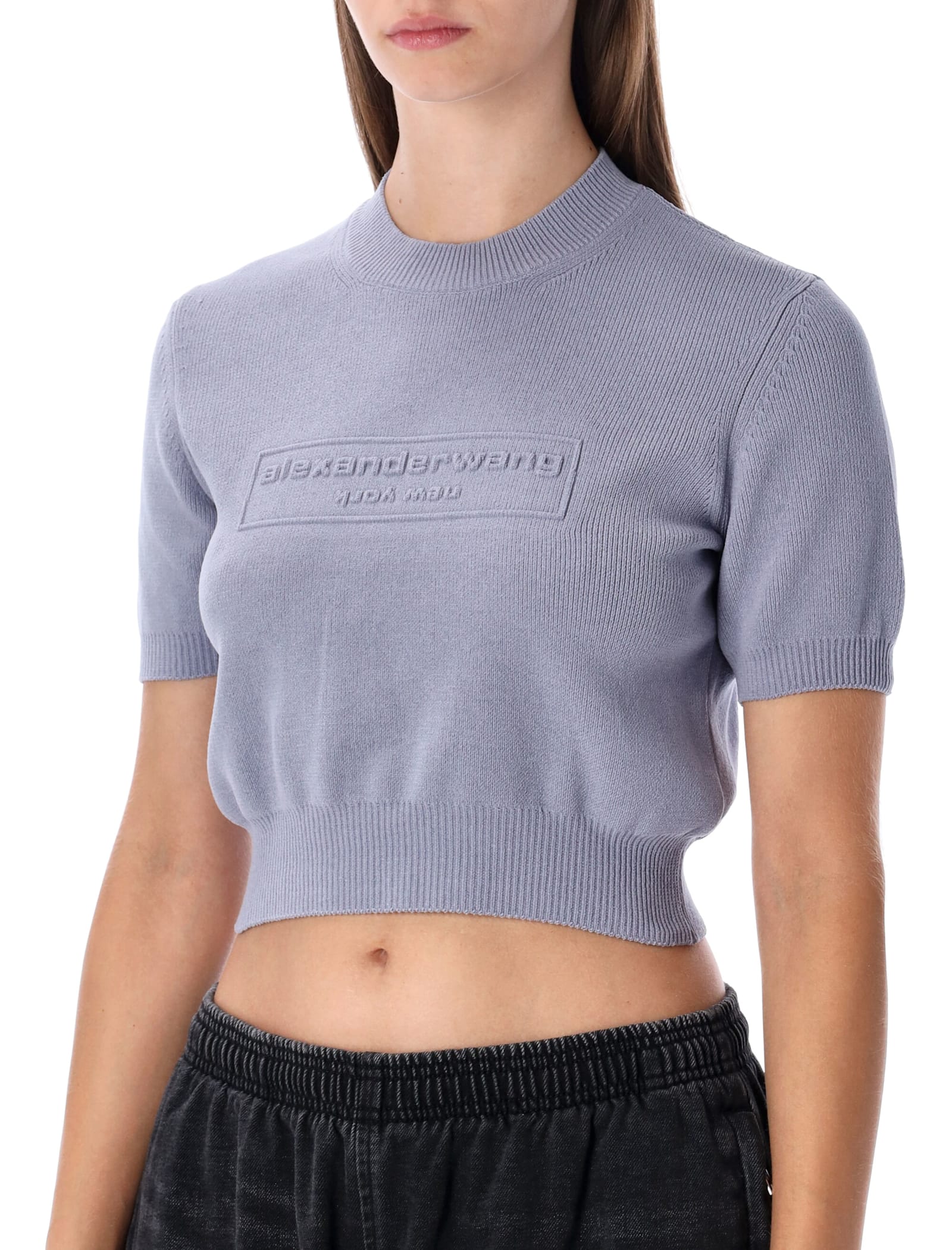 Alexander Wang Cropped Ribbed Chenille Sweater With Logo In Gray