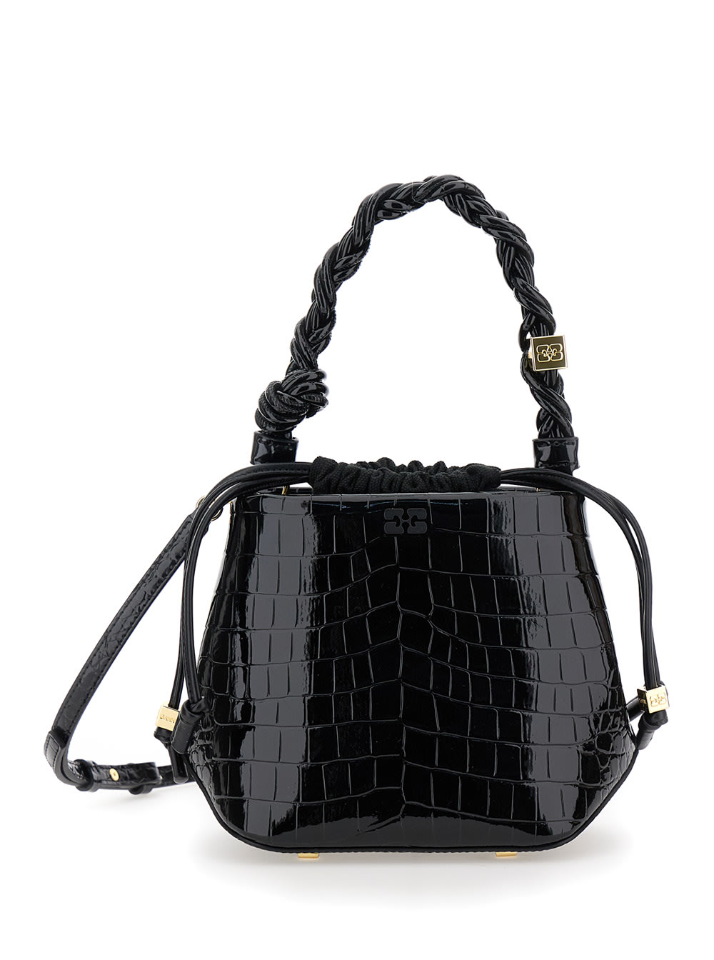 Shop Ganni Bou Black Handbag With Braided Handle In Leather Woman