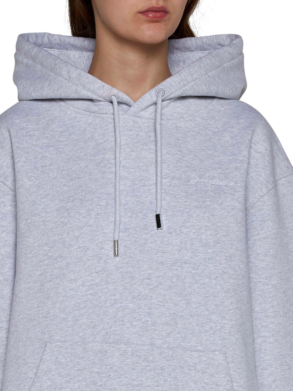 Shop Jacquemus Logo Embroidered Drawstring Hoodie In Grey