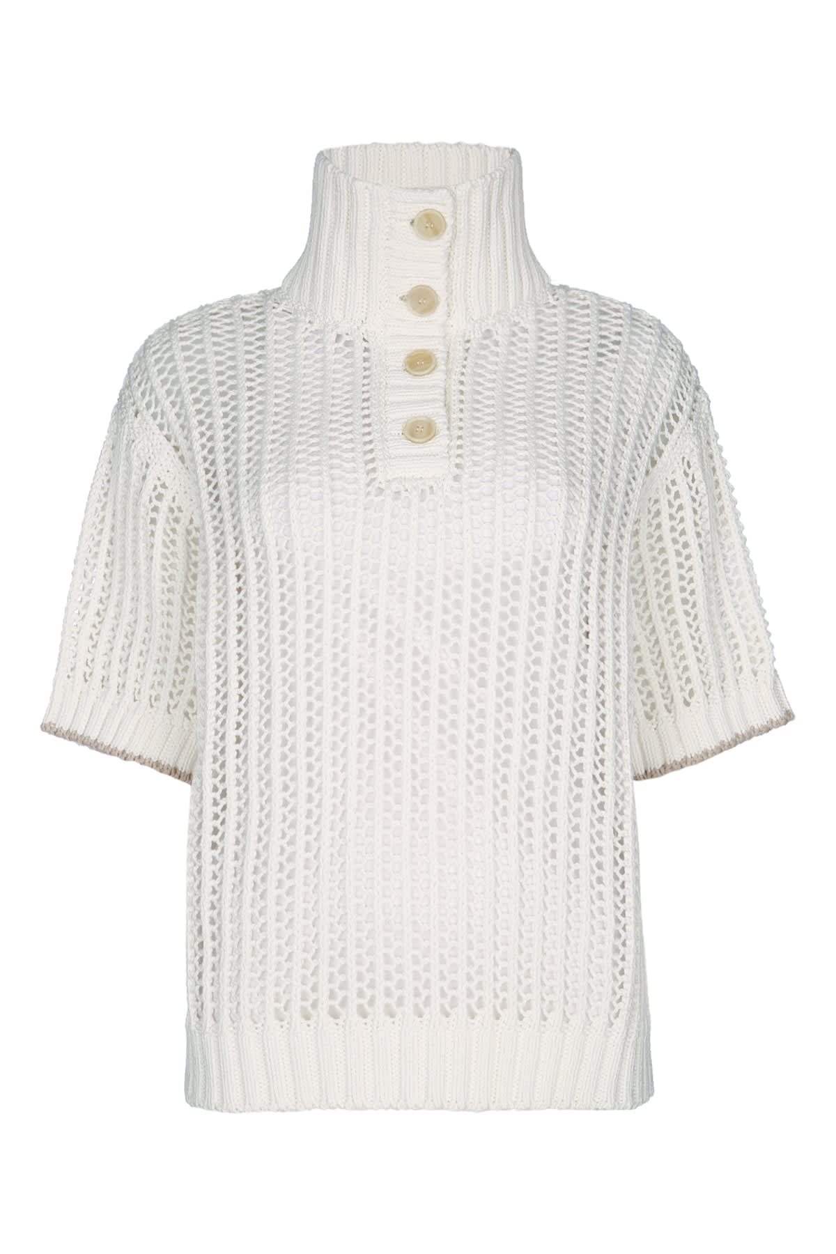 Brunello Cucinelli White High Neck Sweater With Perforated Design In Animal Print