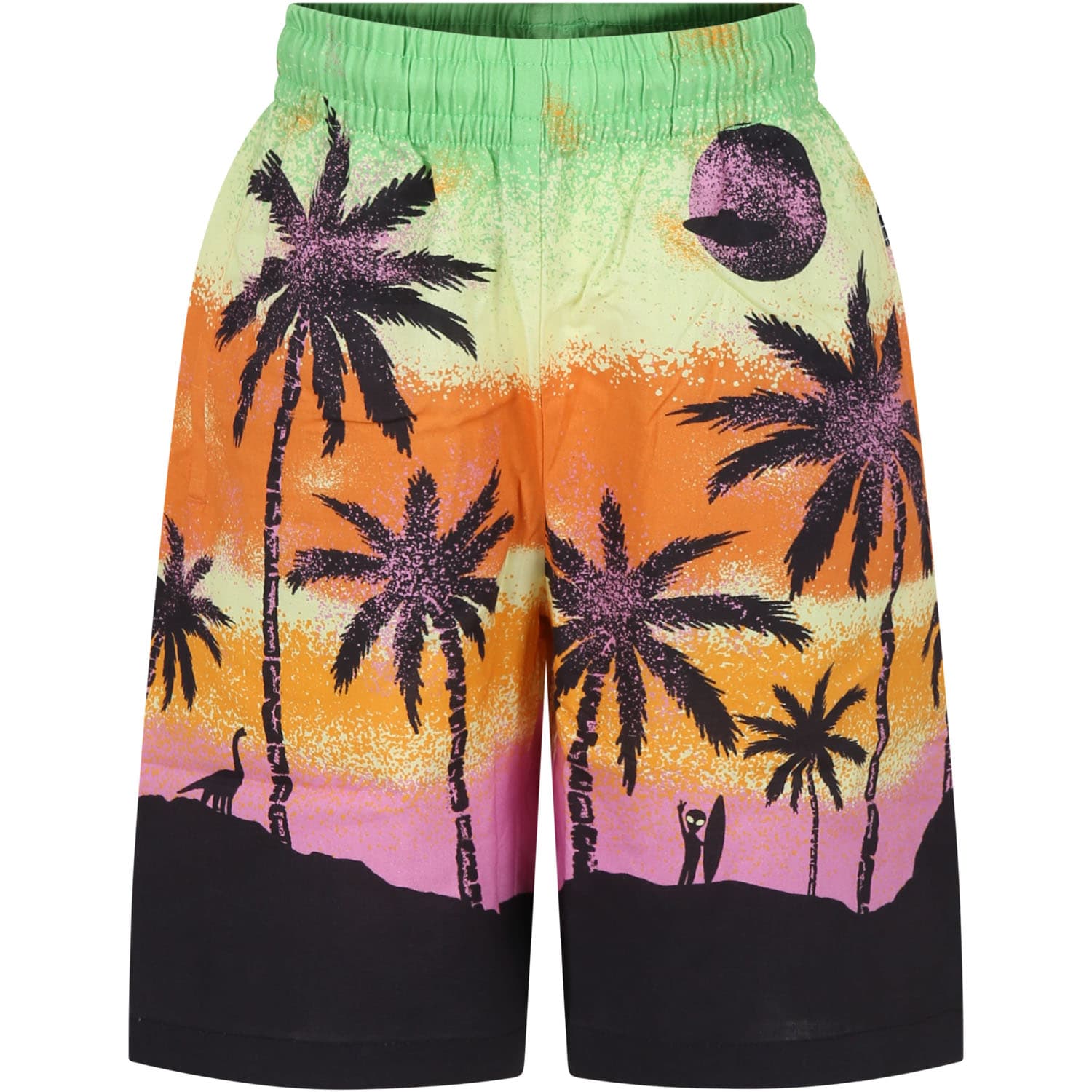Molo Kids' Green Shorts For Boy With Alien And Tree Print In Multicolor