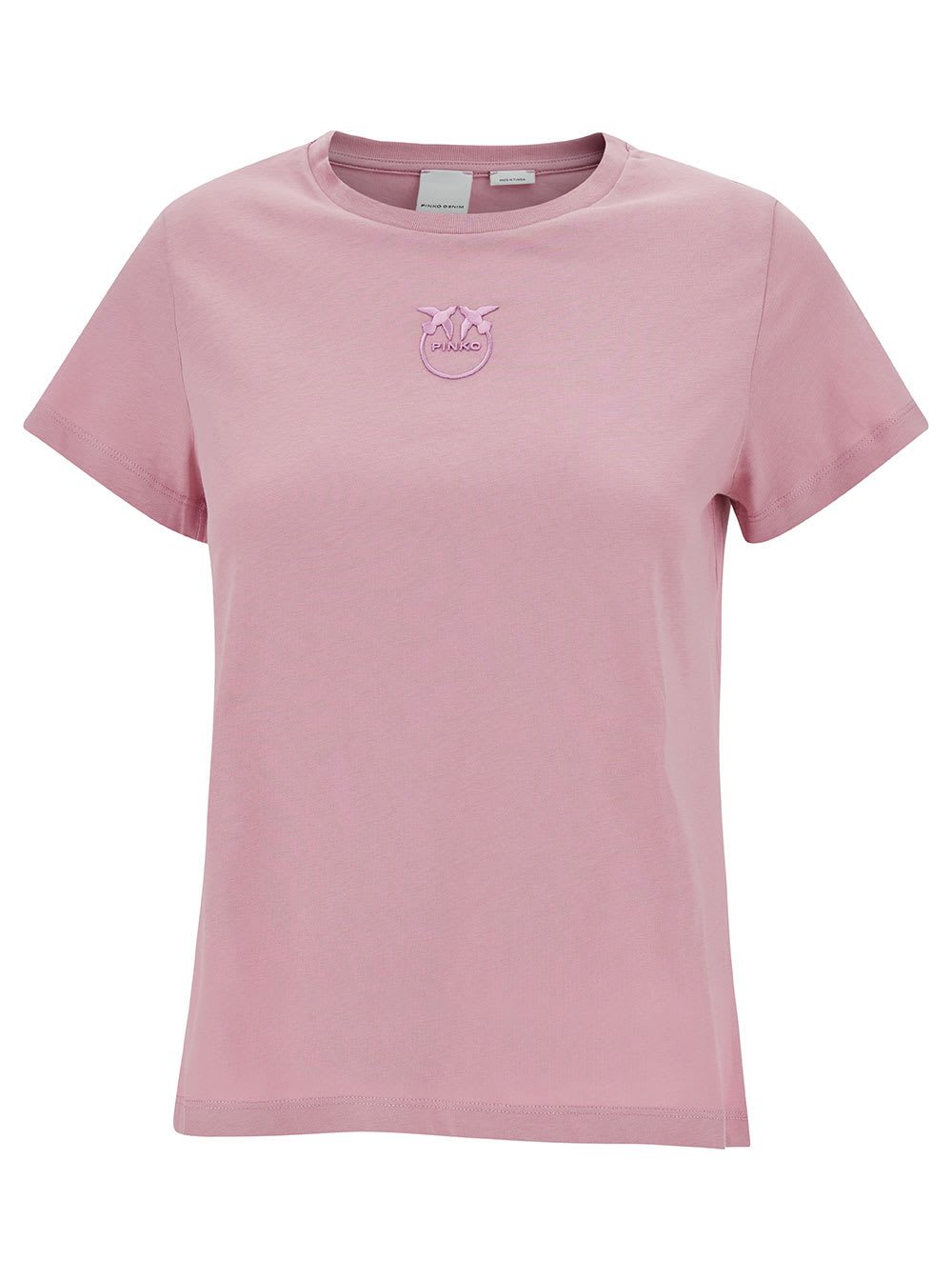 PINKO PINK CREWNECK T-SHIRT WITH LOVE BIRDS EMBROIDERY IN COTTON WOMAN