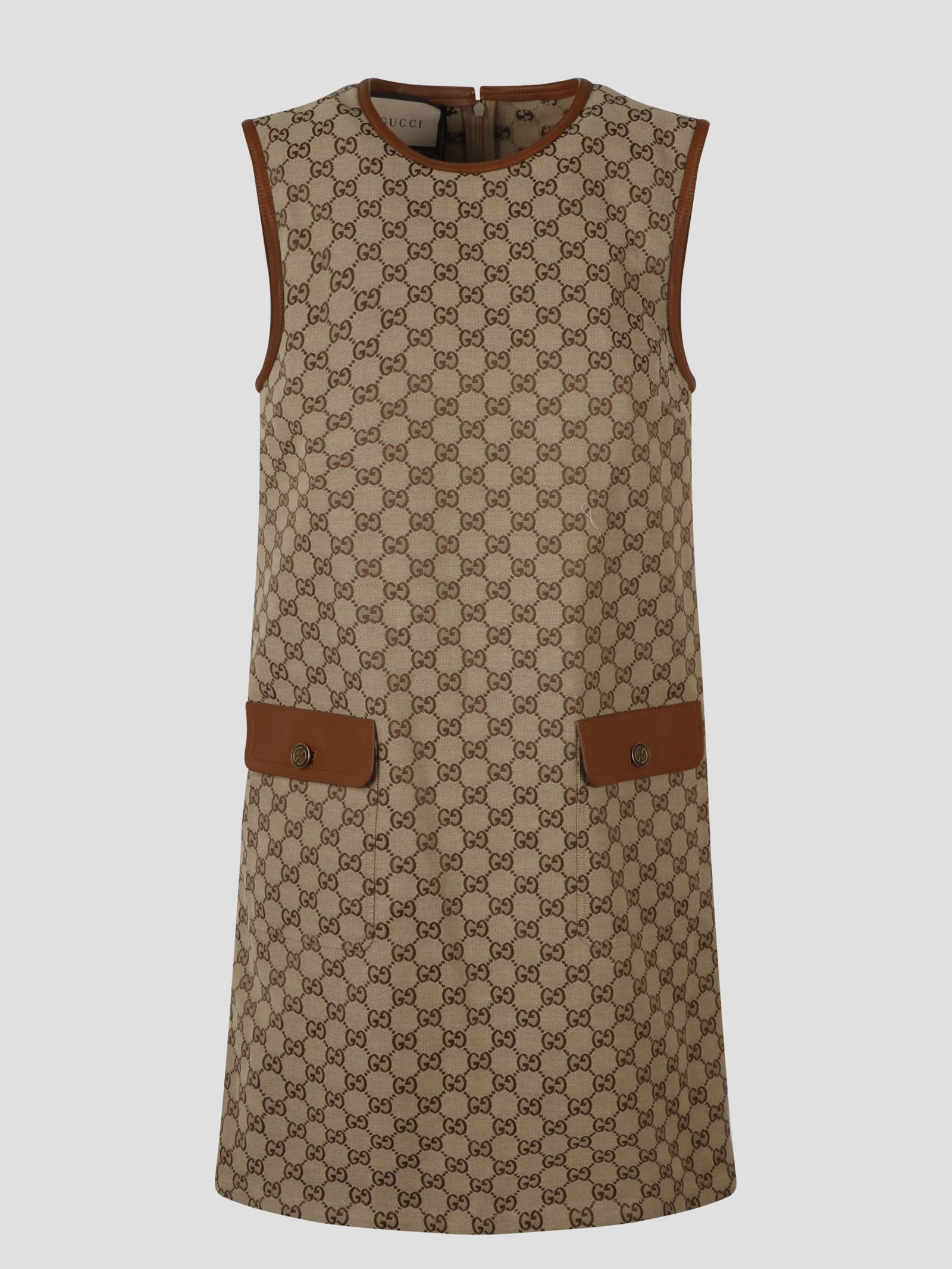 Gucci Gg Leather-trimmed Canvas Minidress In Brown