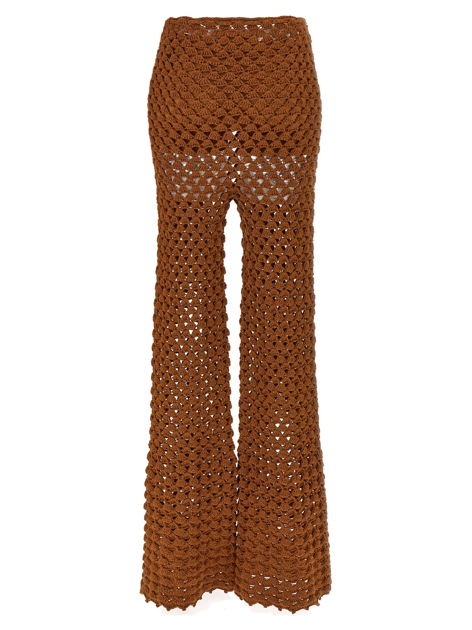 Ermanno Scervino Flared Leg Sheer Crochet Trousers In Brown