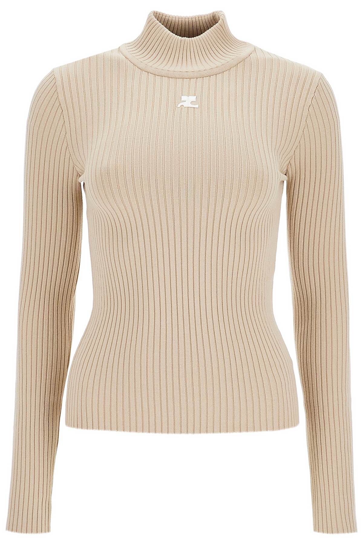 Shop Courrèges Re-edition Ribbed Funnel-neck Sweater In Cappuccino (beige)