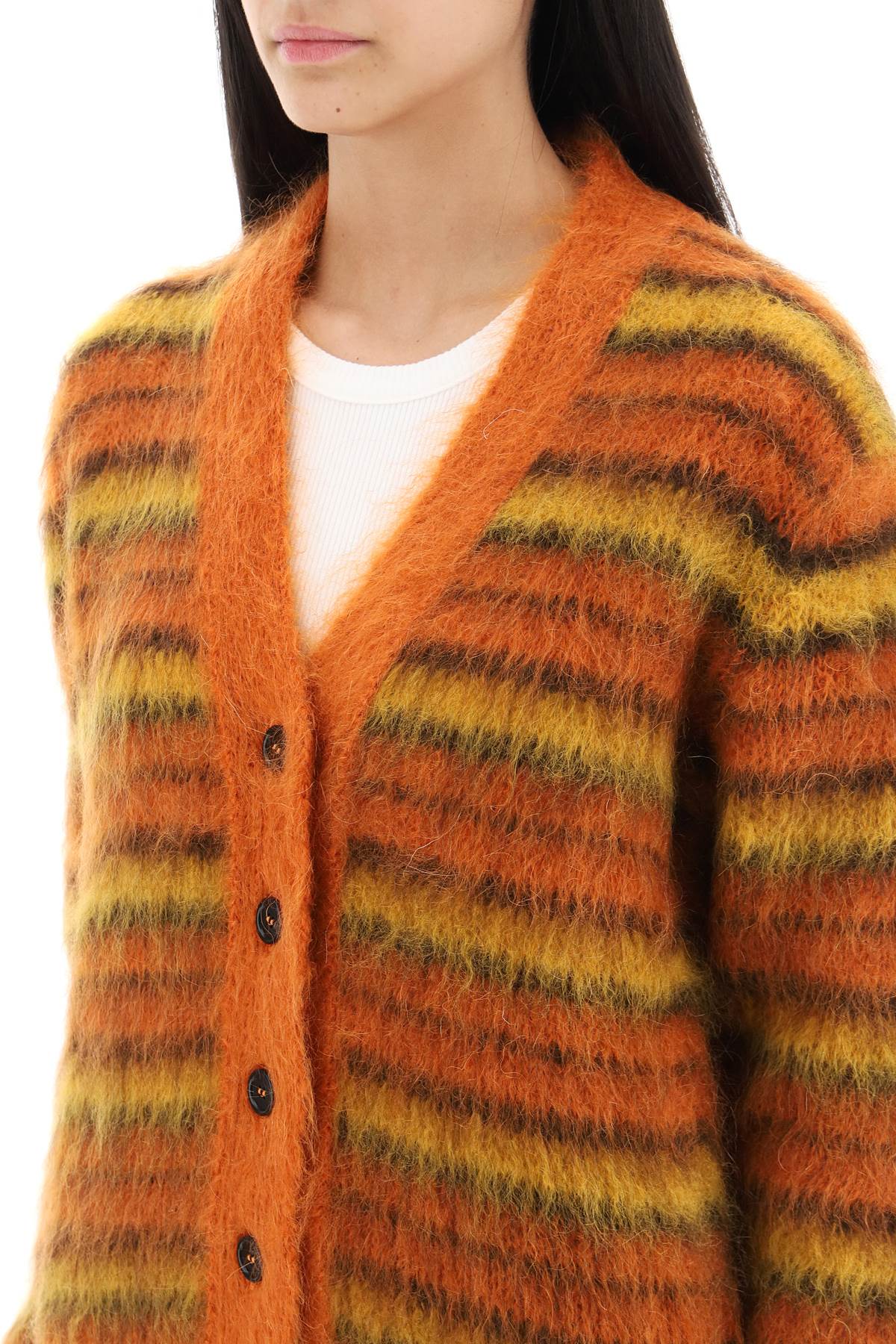 Shop Marni Cardigan In Striped Brushed Mohair In Brick Red